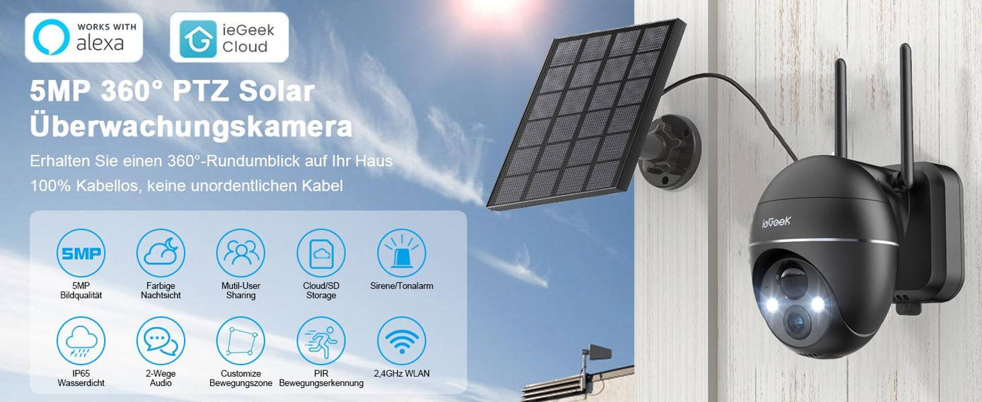 100% kabellose 5MP HD Solar Überwachungskamera Outdoor mit wiederaufladbarer Batterie