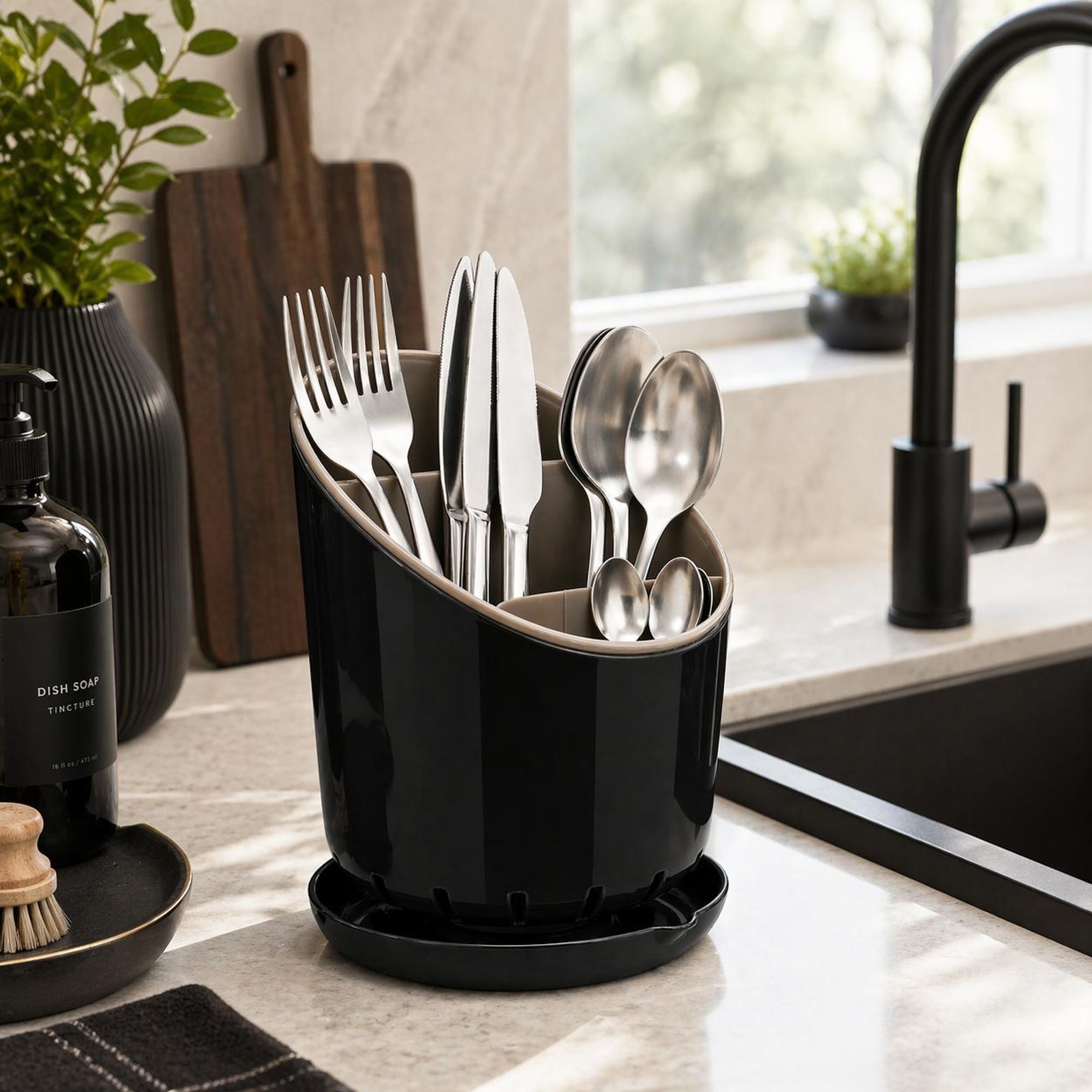 WELLHAUS Besteckabtropfer 19x12 cm oval schwarz-grau Besteckhalter Küchenorganizer