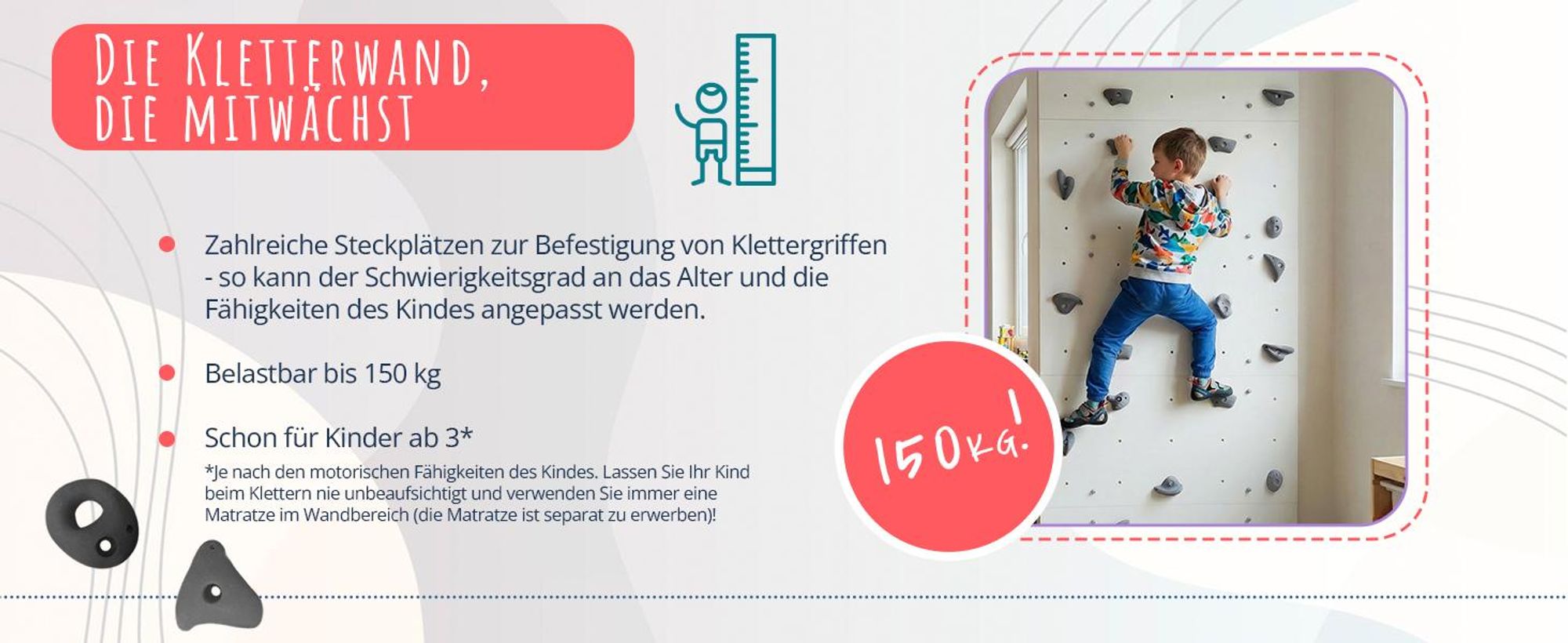 Create for you® - Kletterwand, 150x100 cm, 15 Grauen Klettergriffen, Heimklettergerüst, Fitnessgeräte für Zuhause, Kletterspielzeug Kinder