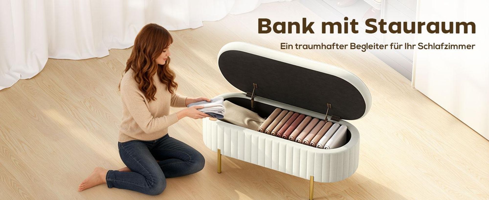 HOMCOM Sitzbank mit Stauraum Polsterbank mit Samtoptik, Metallbeine, Cremeweiß