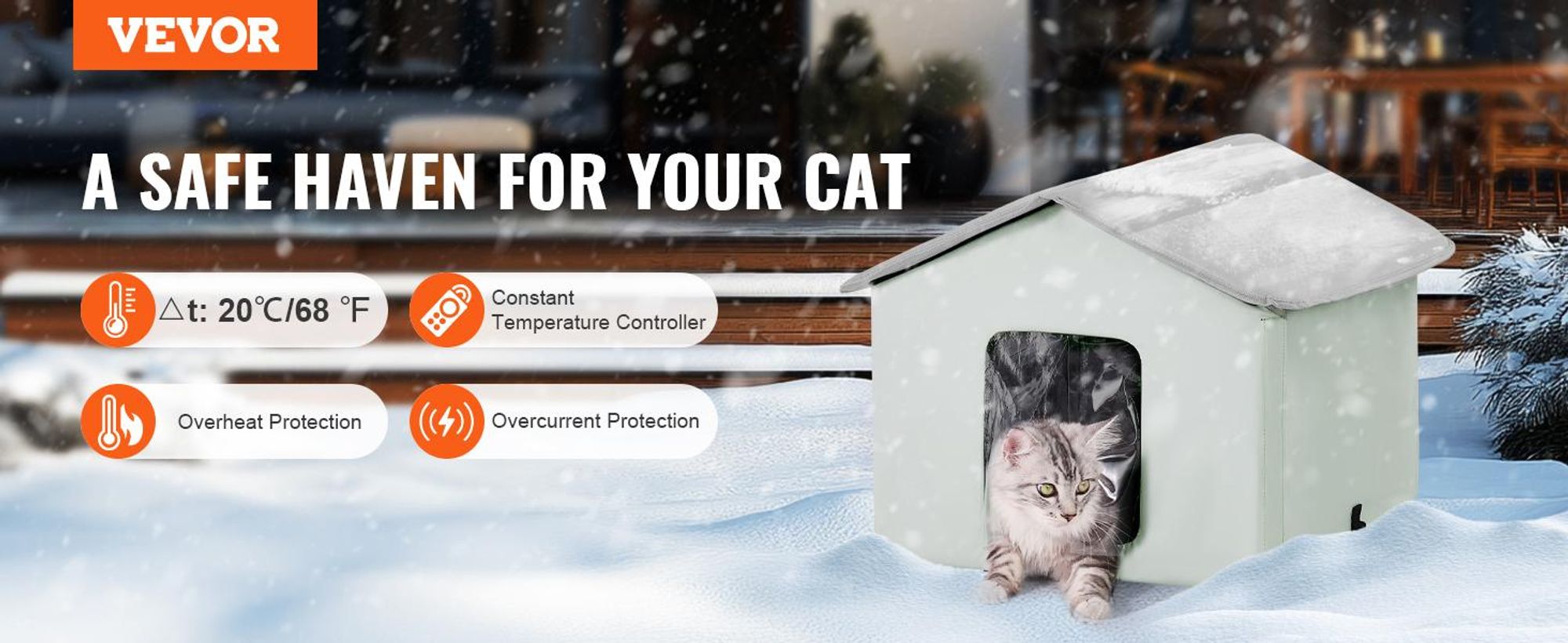 VEVOR Beheiztes Katzenhaus, Außenshelter für Katzen mit einstellbarer Temperatur und Timer, faltbares Katzenhaus aus 600D Oxford-Stoff mit beheiztem Pad für den Winter, um warm und gemütlich zu bleiben, Grün (Mittel), Grün-48x56x44 cm