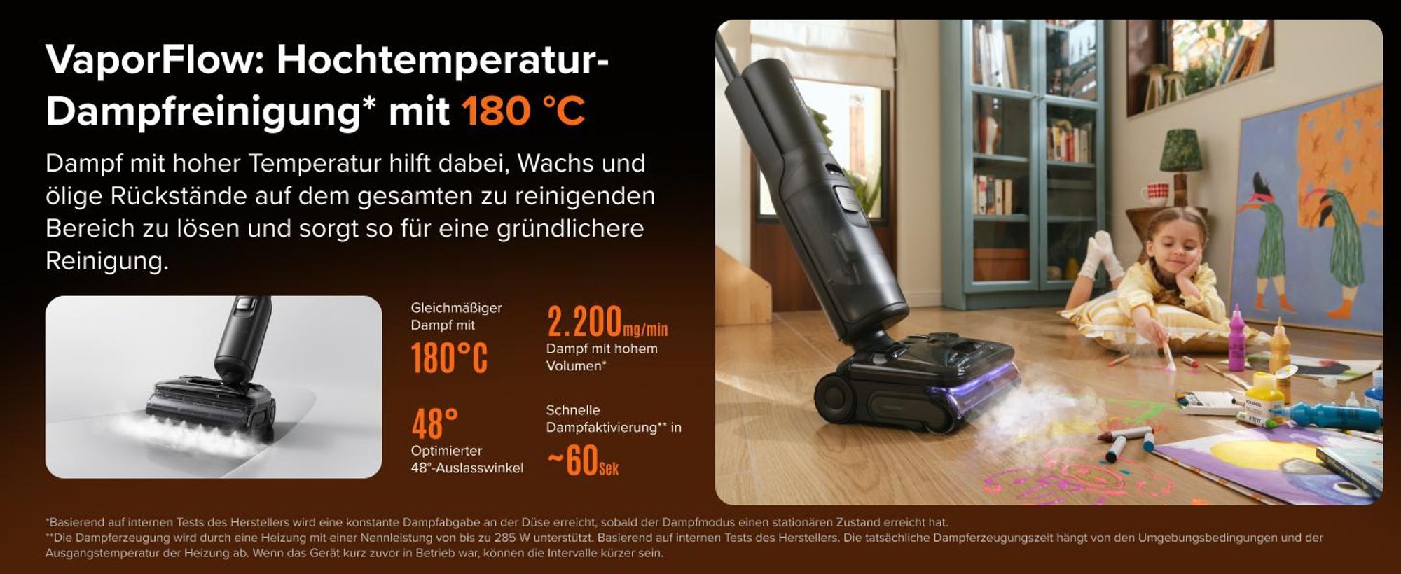 Roborock F25 Steam Nass Trockensauger mit Dampf, 180 °C Dampfmopp, 25.000Pa Saugkraft, Hochtemperatur-Selbstreinigung mit 95 °C, 180° Flaches Design