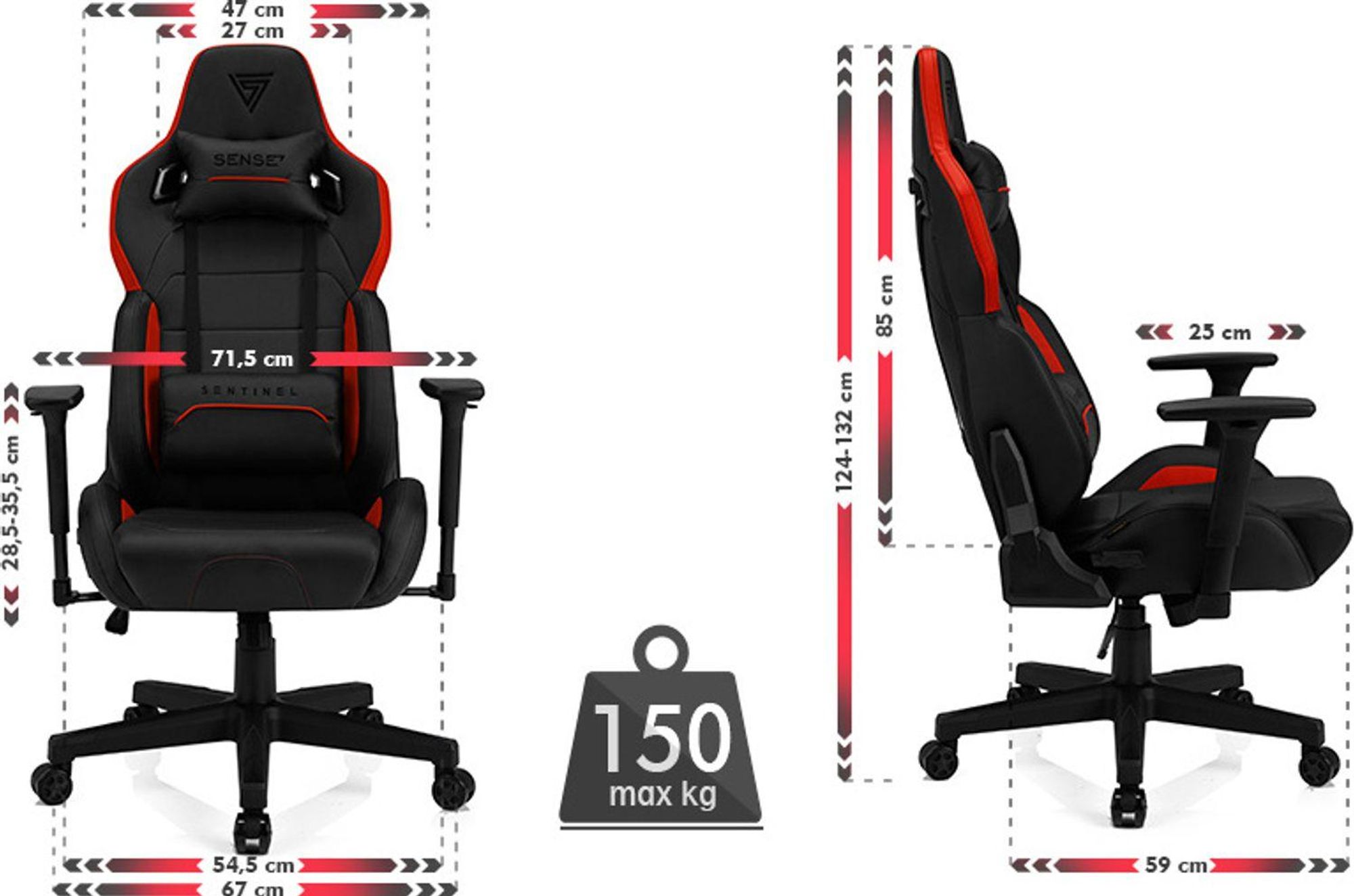 Fotel gamingowy SENSE7 Sentinel czarno-czerwony – ergonomiczny fotel biurowy, fotel przy biurko, nośność 150 kg, podłokietniki 3D, funkcja kołysania, fotel szefa, fotel komputerowy