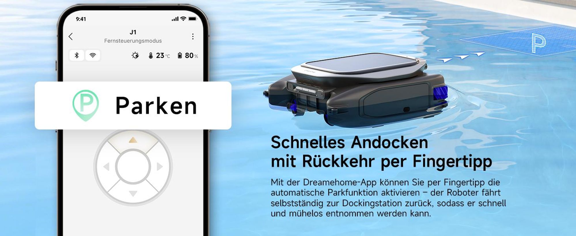 Dreame J1 Roboter-Poolskimmer,Poolroboter PoolSense™,Rundum-360°Reinigung,24/7im Einsatz,Intelligente Routenplanung,intelligente App-Steuerung,Schwarz