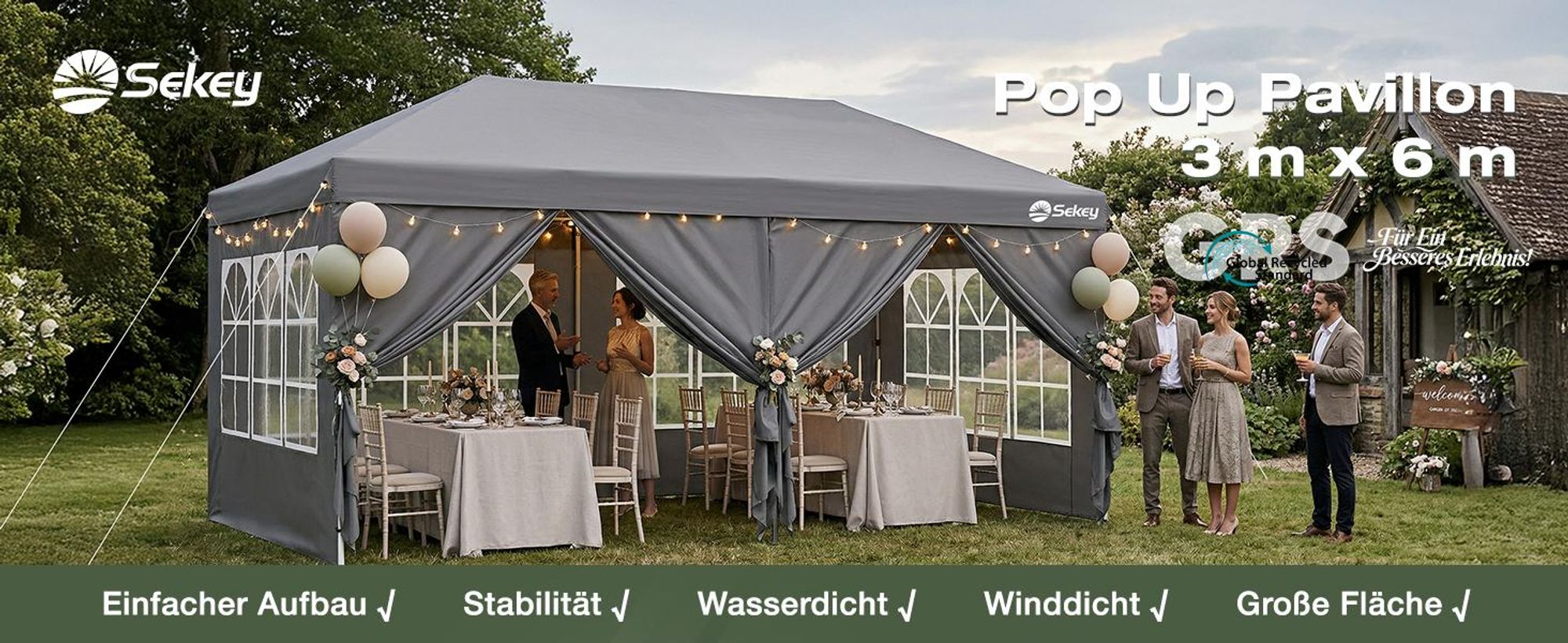 Sekey Faltpavillon 3x6 m wasserdicht UV50+ Gartenpavillon Partyzelt mit 6 Seitenteilen höhenverstellbar, Grau