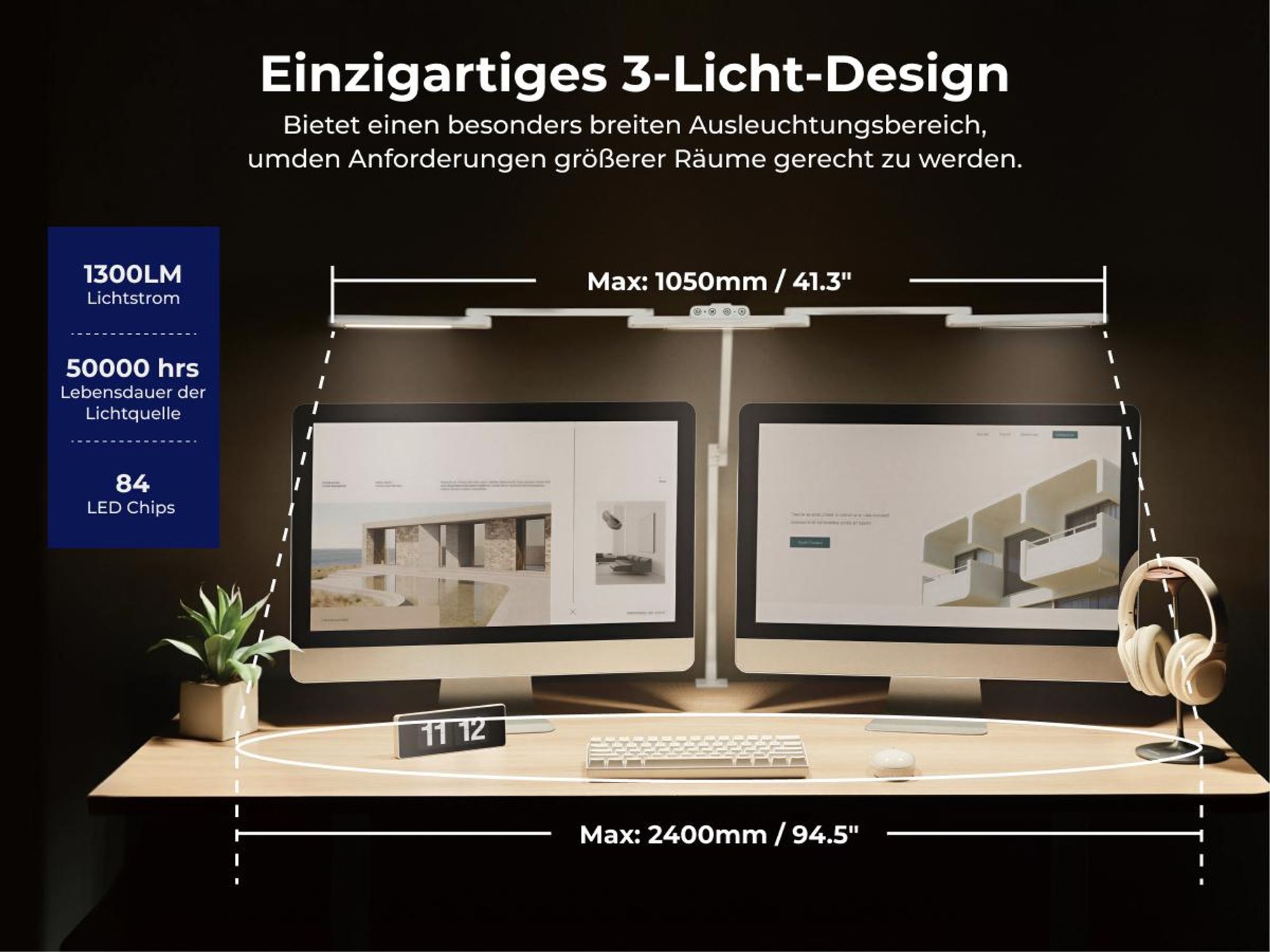 HOKO LUKAS dimmbare LED-Schreibtischlampe mit Lichtsensor für große Arbeitsflächen, Weiß