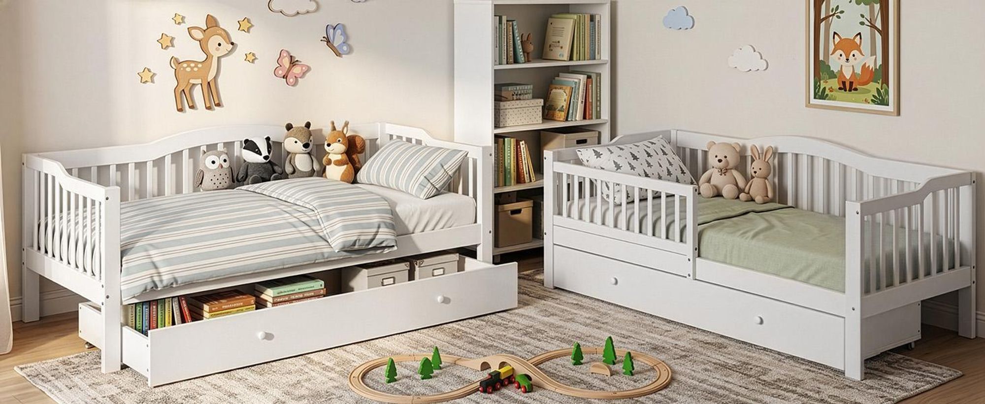 FCH Kinderbett mit Schubladen 90x200cm, Hausbett mit Lattenrost, Bodenbett mit Stauraum und Abnehmbarer Barriere, Weiß