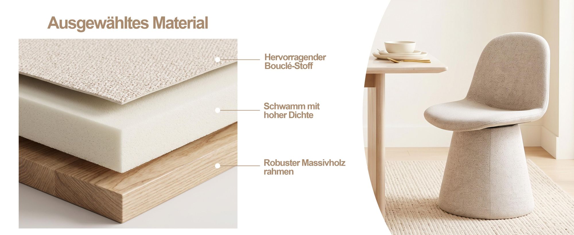 Duhome Esszimmerstuhl aus Bouclé Stoff Polsterstuhl Gepolsterter Sessel mit Rückenlehne Drehstuhl für Esszimmer Wohnzimmer Schlafzimmer, Beige
