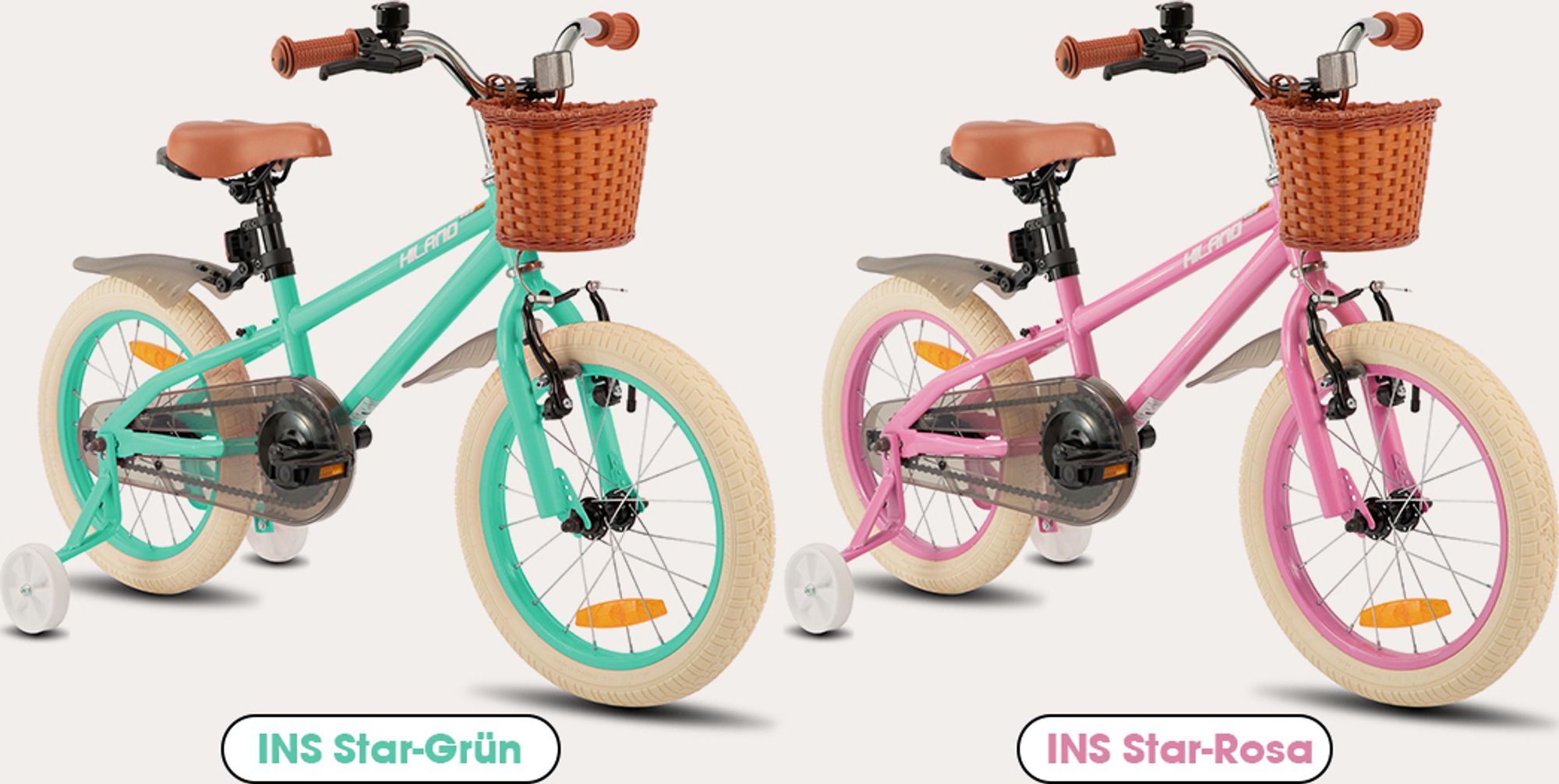 HILAND Ins Star 16 Zoll Kinderfahrrad für Mädchen Jungen 4 5 6 7 Jahre mit Stützräder, Korb, Handbremse und Rücktrittbremse, Mintgrün