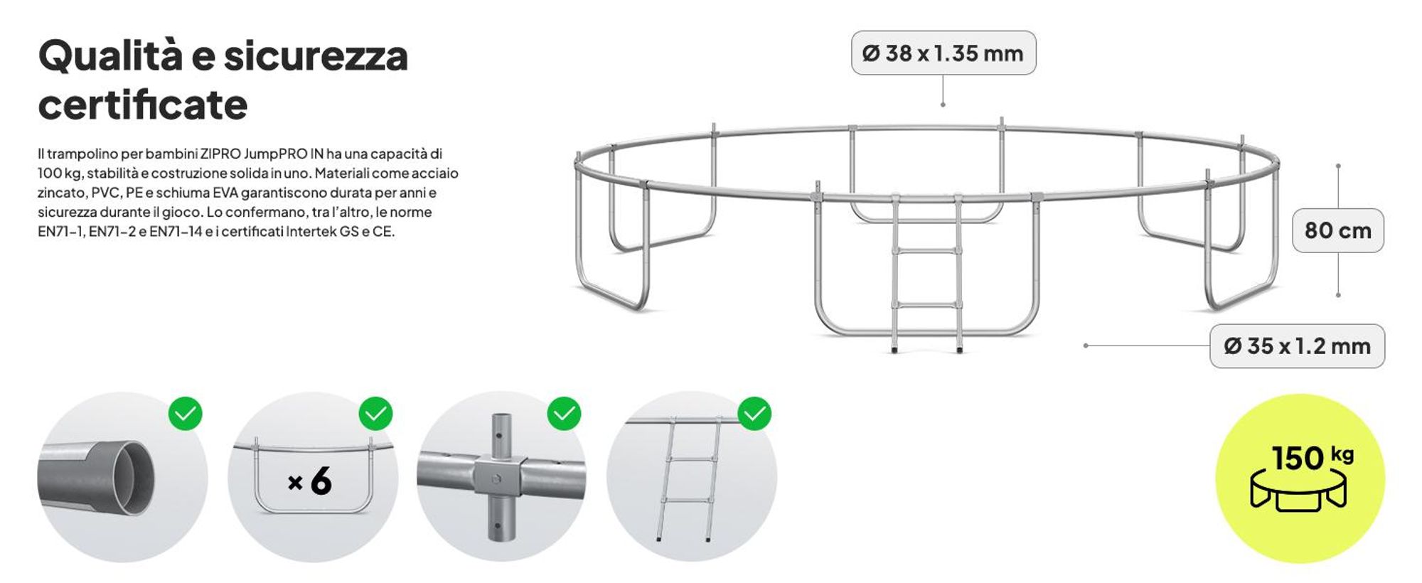 ZIPRO Trampolino Jump Pro IN | 14FT Ø 435 cm | Trampolino da giardino Trampolino per bambini Set completo incl. rete interna, scaletta e copertura perimetrale, per esterni, verde