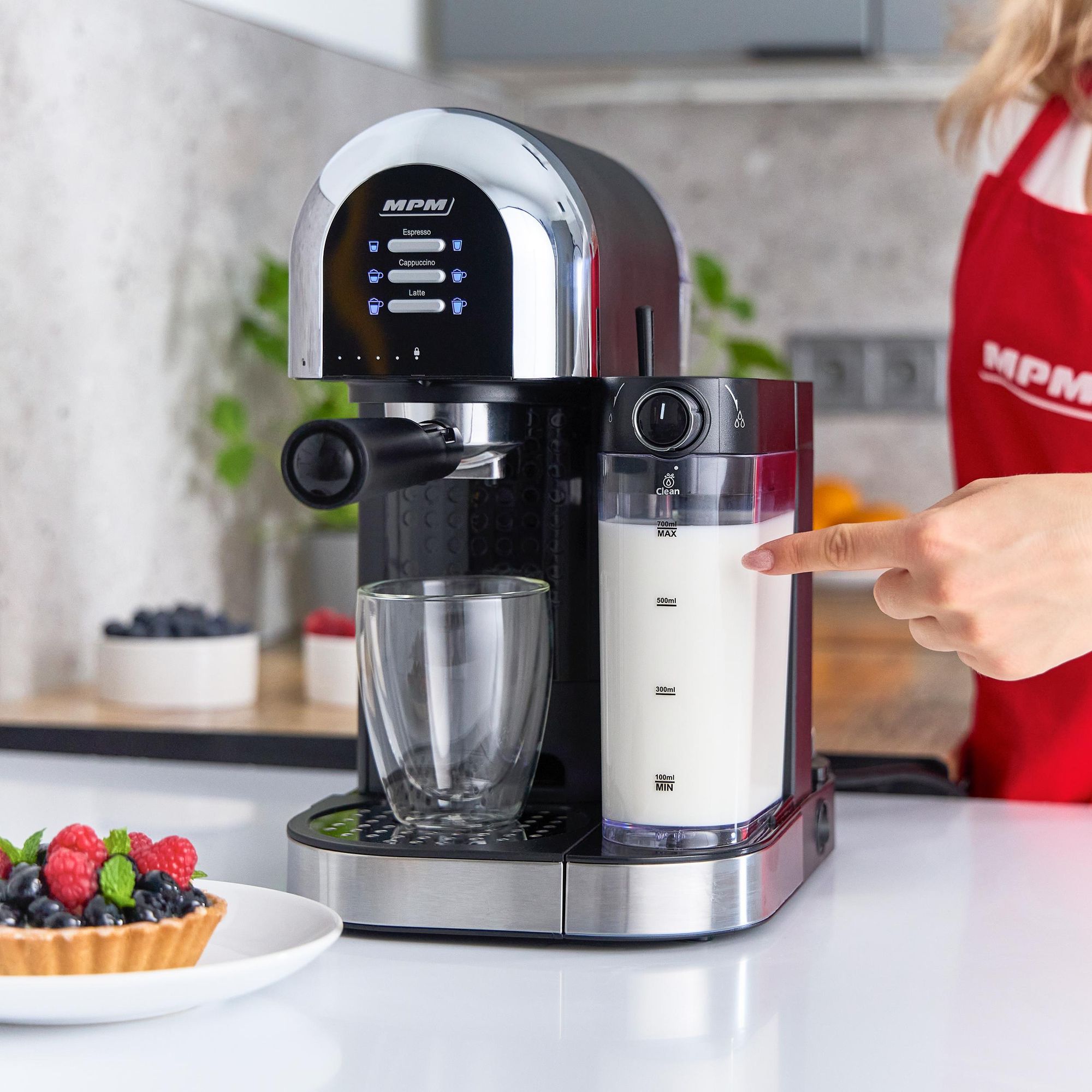 MPM Siebträgermaschine 15 Bar Espresso Kaffeemaschine Cappuccino Latte Thermoblock Milchsystem Milchaufschäumer 1100W MKW-14M