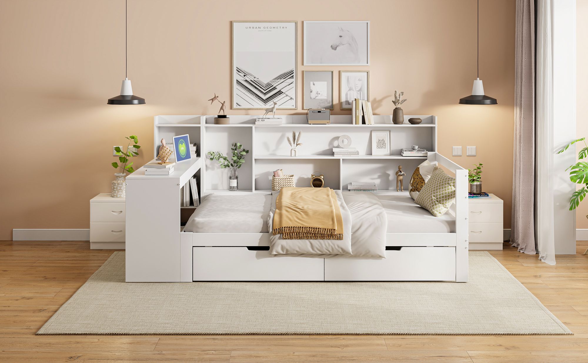 MODFU Schlafsofa Holzbett Kinderbett Jugendbett, 140*200 cm, Mit Schreibtisch Bücherregal Ablagefächern und Regalen, Mit Steckdose, Mit 2  Ablagefächern, Weiß  ohne Matratze