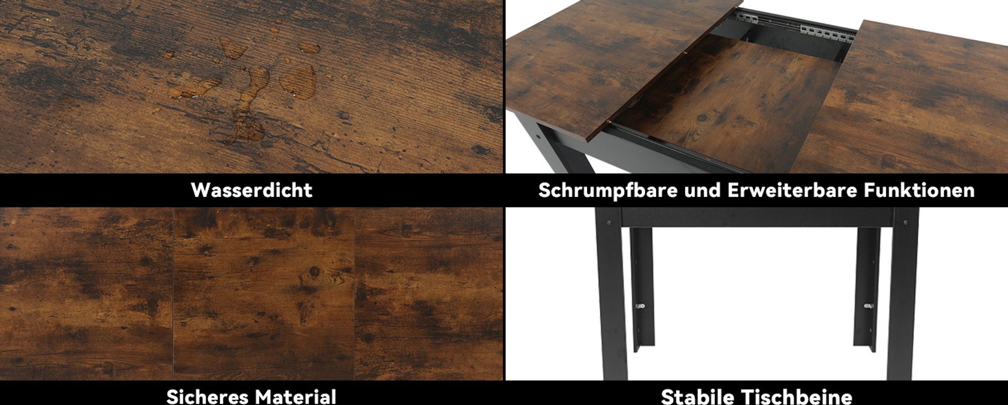 Puluomis Ausziehbarer Esstisch, Erweiterbarer Tisch 70x105-150cm, Klapptisch mit Verstärkter MDF-Platte, Küchen-/Wohnzimmertisch schwarz braun