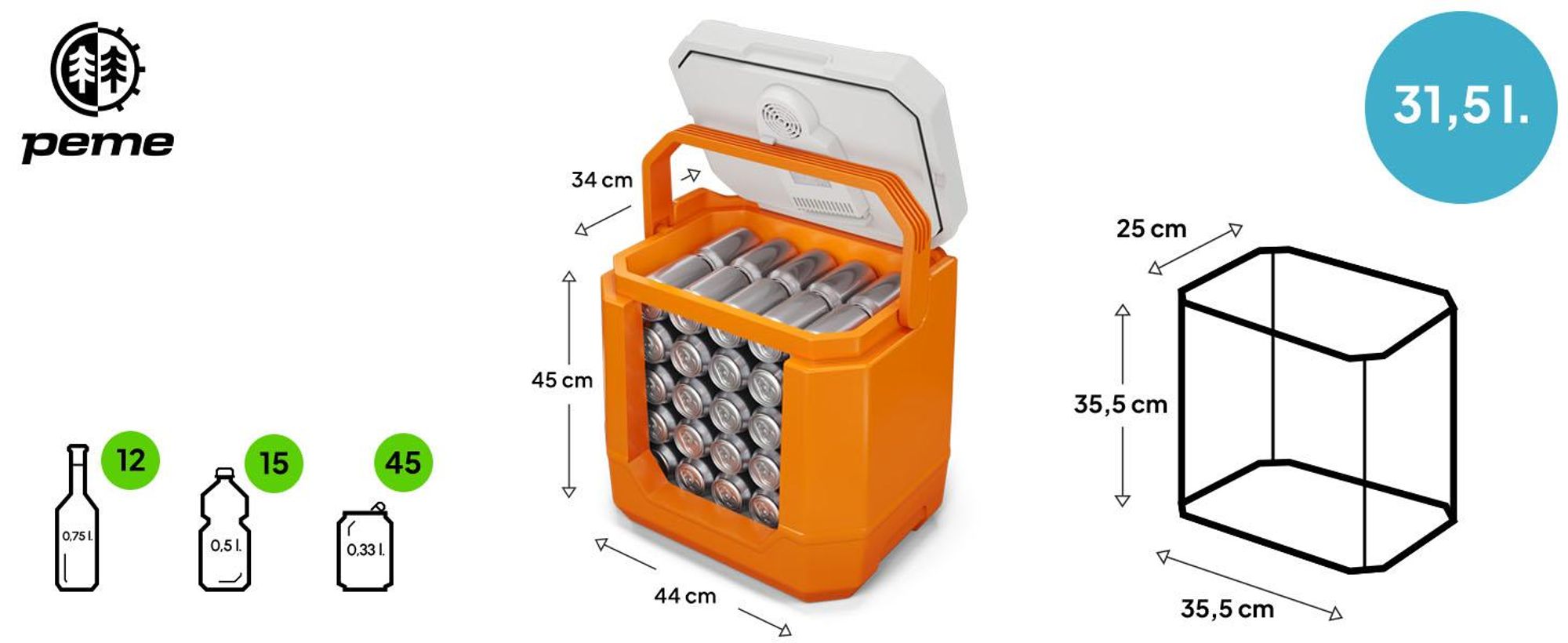 Peme Elektrische Kühlbox Trip Orange - Auto Camping, Kühlschrank, Bluetooth, Lautsprecher leise, Wärmebox Mini-kühlschrank, PKW LKW Reise, Zelt, USB