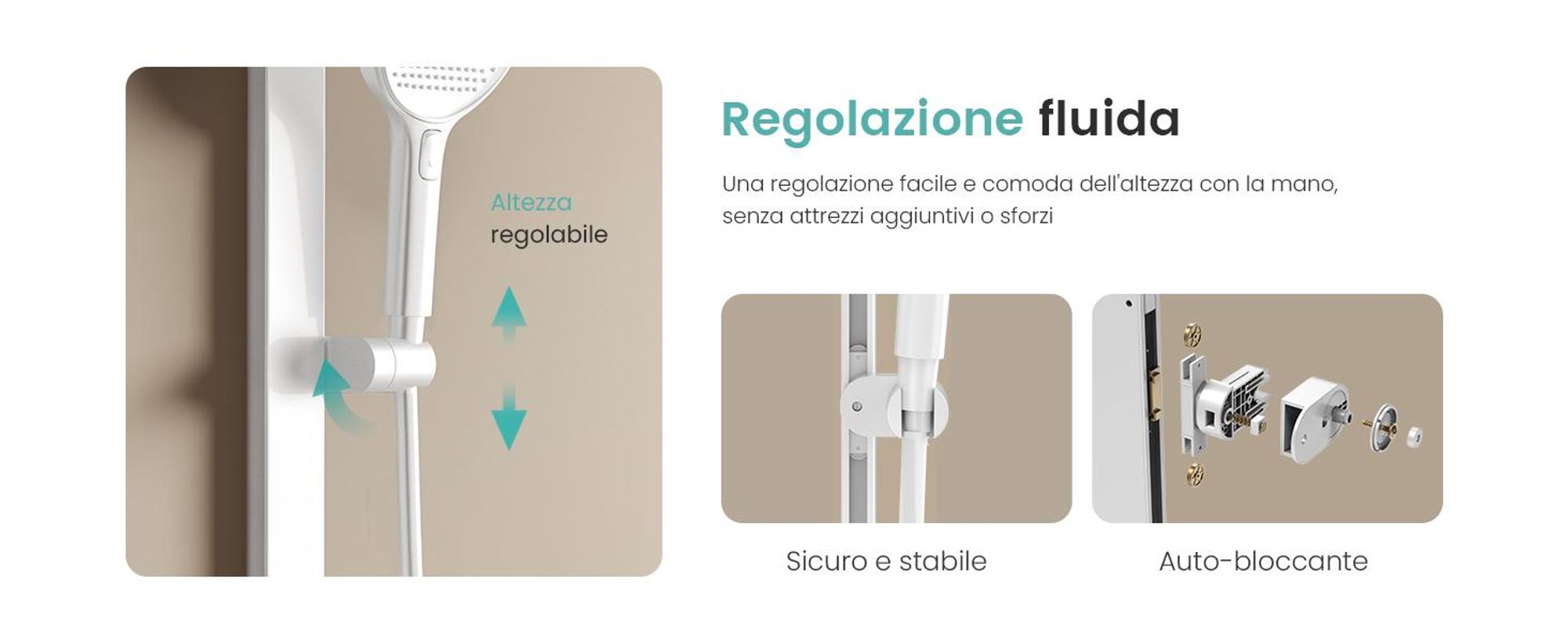 Sistema doccia EMKE con termostato, soffione a pioggia 36x24cm, doccia a pioggia con ripiano in vetro, doccetta con 4 intensità di getto, rubinetteria per vasca e doccia, bianco opaco