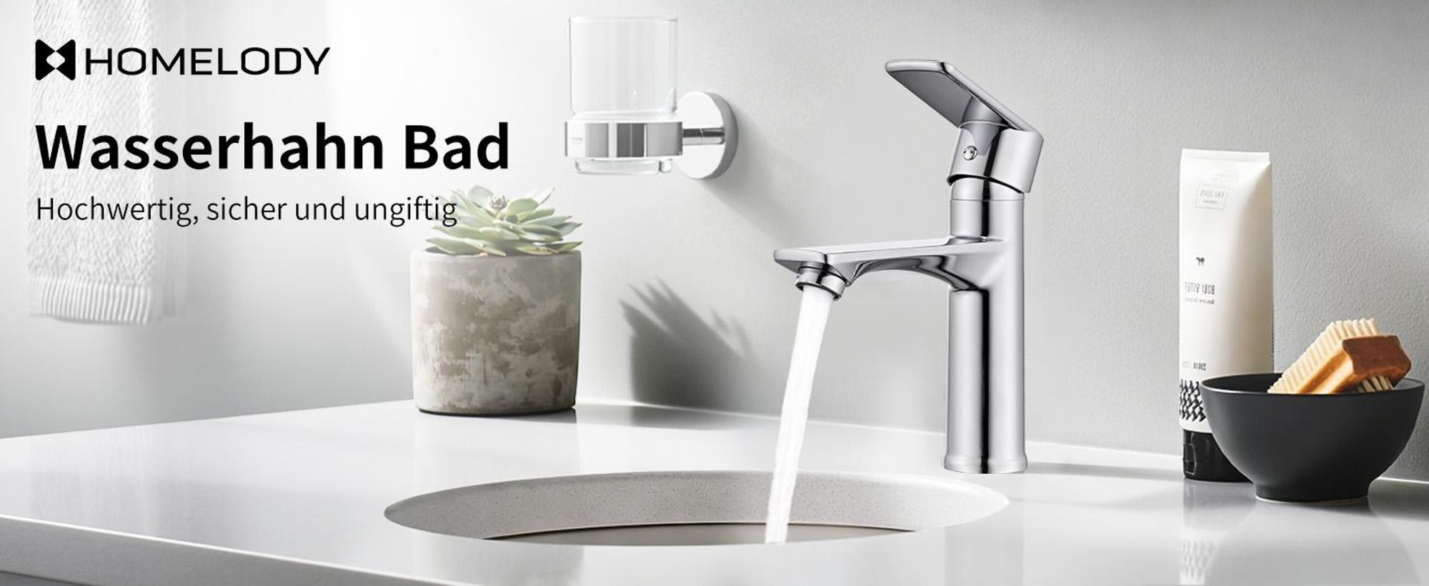 Homelody Chrom Wasserhahn Bad mit Universal Ablaufgarnitur Weiß, Armatur Mischbatterie Waschbeckenarmatur bleifreie mit Pop-Up Ventil Messing