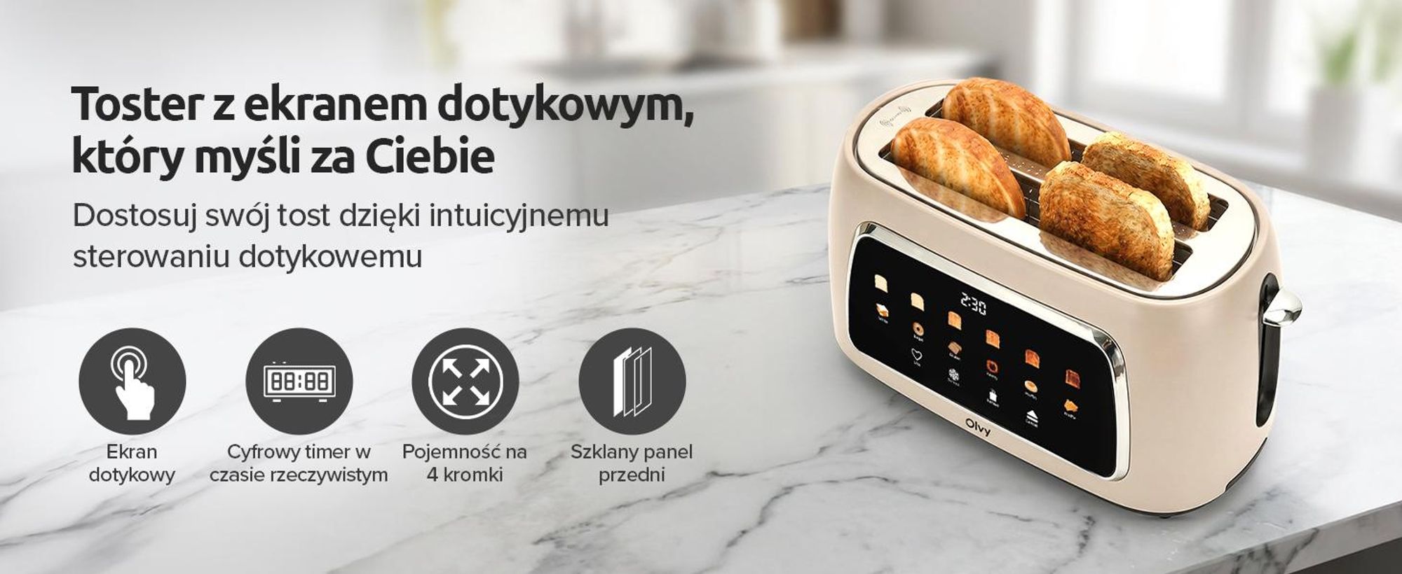 Toster Olvy na 4 kromki, długi otwór, wyświetlacz cyfrowy z timerem, 6 poziomów opiekania, szerokie szczeliny, funkcja rozmrażania i podgrzewania, 150
