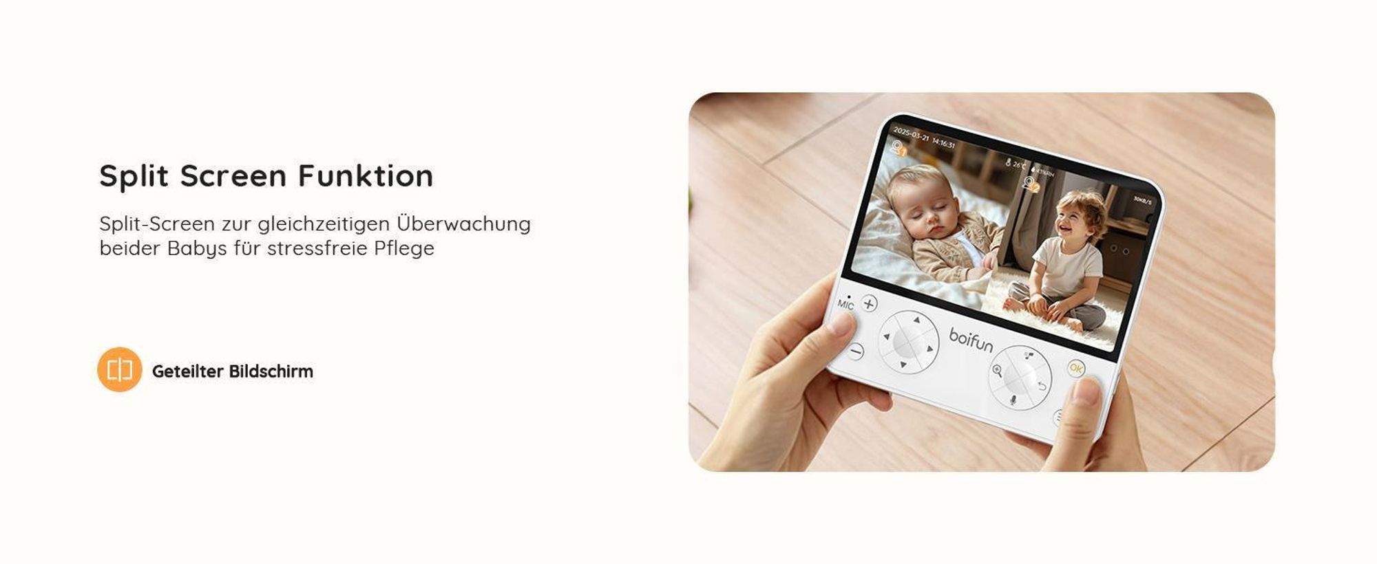 BOIFUN Split Screen Babyphone mit 2 Kameras 5,5 Zoll 4MP HD WLAN Video Babyfon mit App 360° Nachtsicht Musik Nachtlicht Halterung
