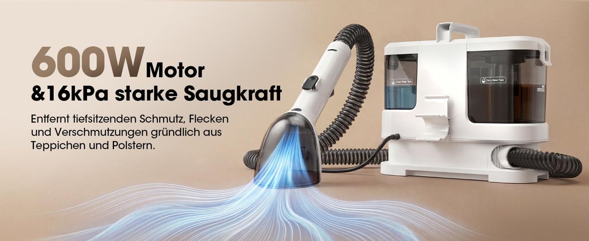 Lubluelu V2 Teppichreinigungsgerät Teppichreiniger Waschsauger Fleckenreiniger 600 W, 16000pa Saugkraft, für Sofas, Teppiche, Autositze inkl. Zubehör