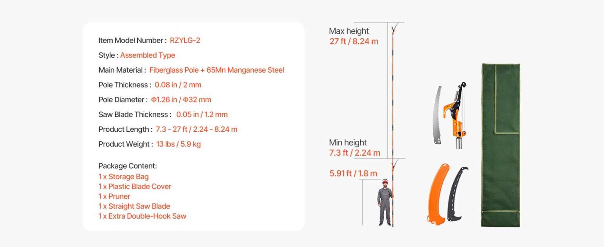 VEVOR Manuelle Stangensäge, 2,2–8,2 m ausziehbare Baumschere, scharfe Stahlklinge und Schere, hohe Äste, Astschneider mit leichten 8 Fiberglasgriffen, zum Beschneiden von Handflächen und Sträuchern