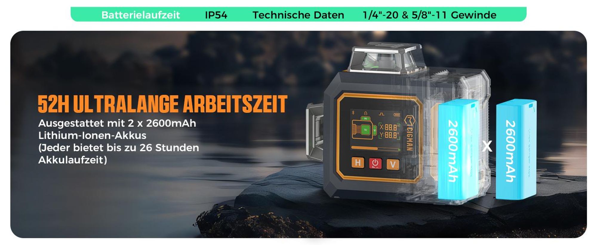 CIGMAN CM-S03 Kreuzlinienlaser 3x360° Grün mit App & LCD-Display