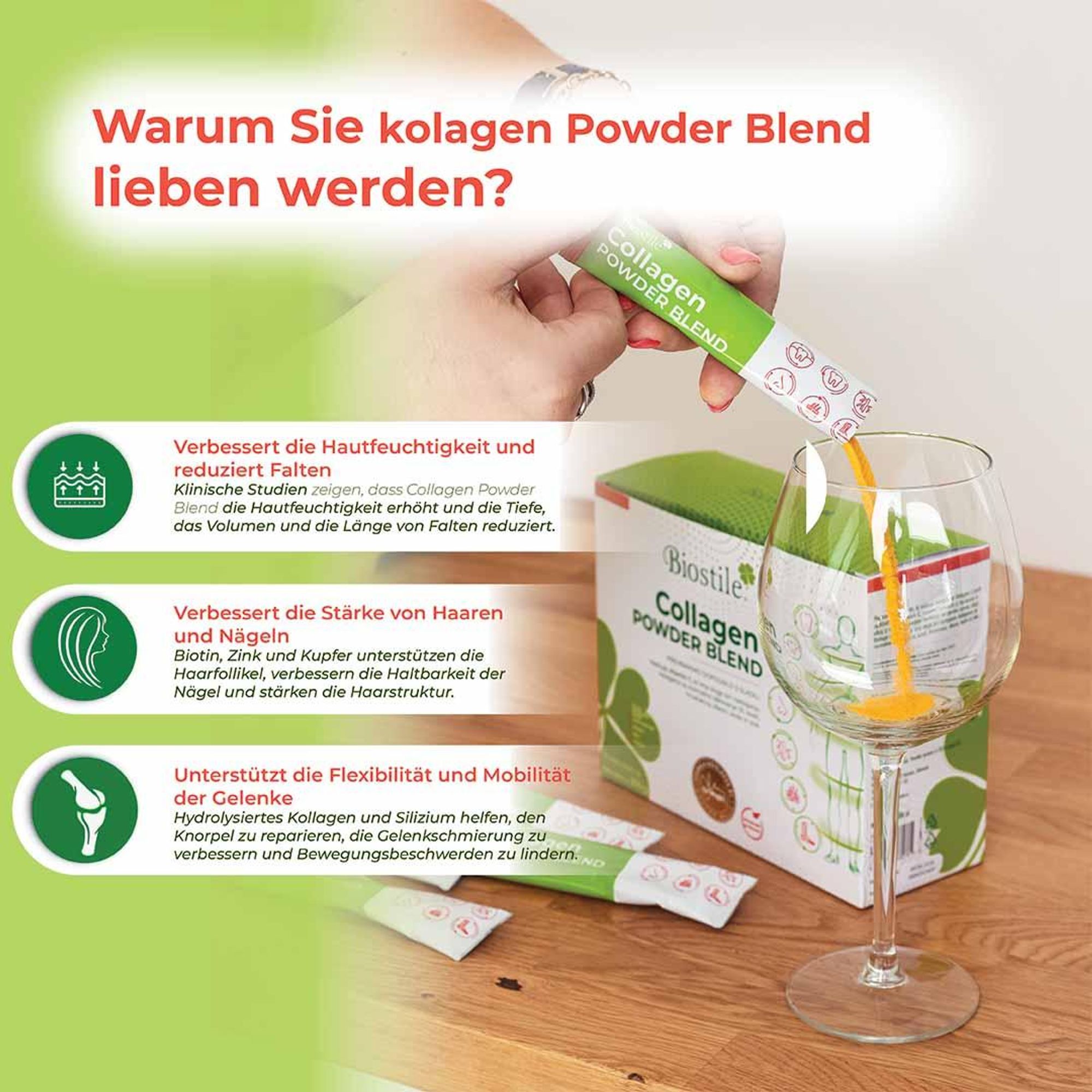 Biostile Collagen Powder Blend – Kollagenpulver mit 5 Kollagenquellen, hydrolysiertem Kollagen, Vitamin C, Curcumin&Shilajit – 30 Beutel, Mango-Orange