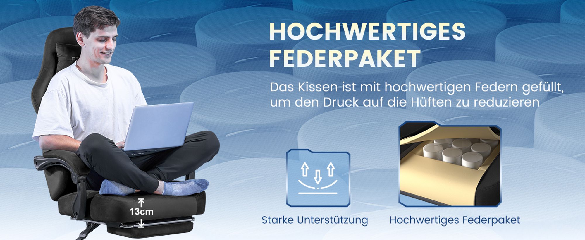 GTPLAYER Gaming Stuhl Ergonomischer Gaming Sessel Schreibtischstuhl Bürostuhl mit Stoffoberfläche Federsitzkissen, Verbindungsarmlehnen, mit Fußstütze