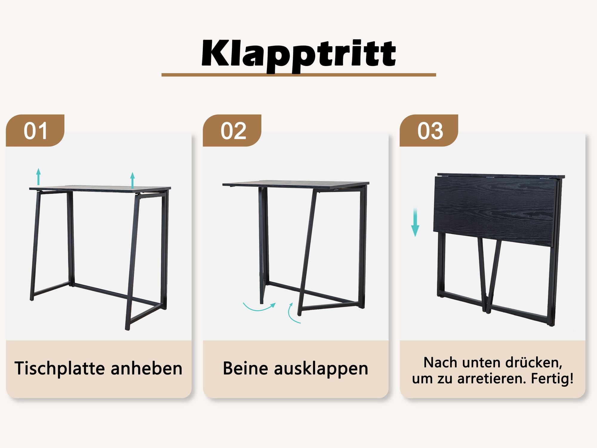Meubles Cosy Klappbarer Schreibtisch / Computertisch im Industrial-Stil aus Holz und schwarzem Metall - ASCOLI