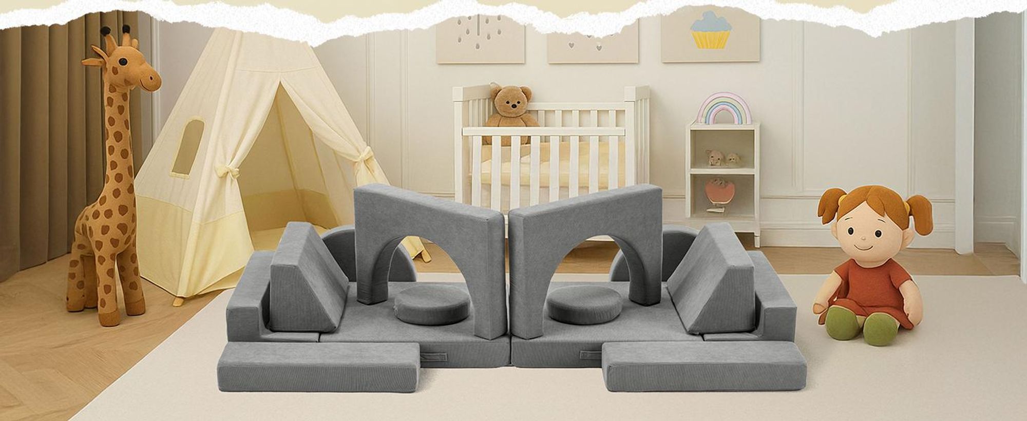 FCH Kindersofa, Multifunktionaler Spieltisch, Puzzle Sofa,12 in 1, Spielsofa,Kindersessel, für Kinder Spielzimmer, frei baubares, DIY, Kordsamt, Grau