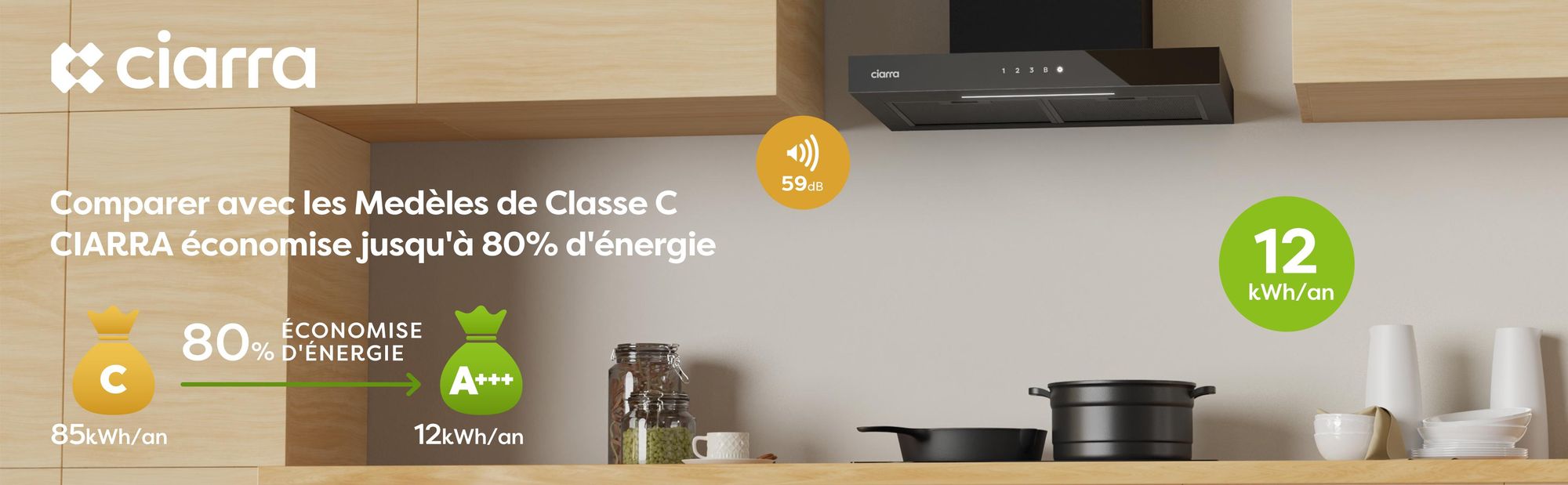CIARRA A+++ 650 m³/h Hotte aspirante murale 60cm WIFI +APP & Touch Control Boost VMB6102