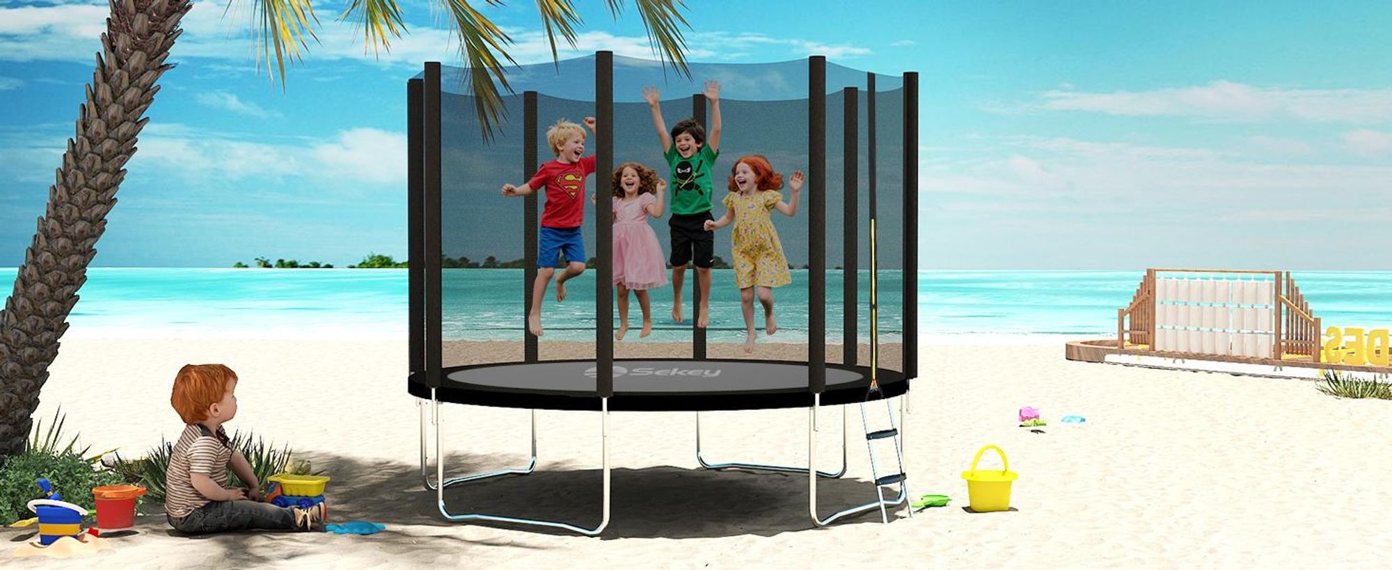 Sekey 366 cm Gartentrampolin mit Sicherheitsnetz und Leiter, Kindertrampolin für Jump Fitness Outdoor Trampolin, Schwarz