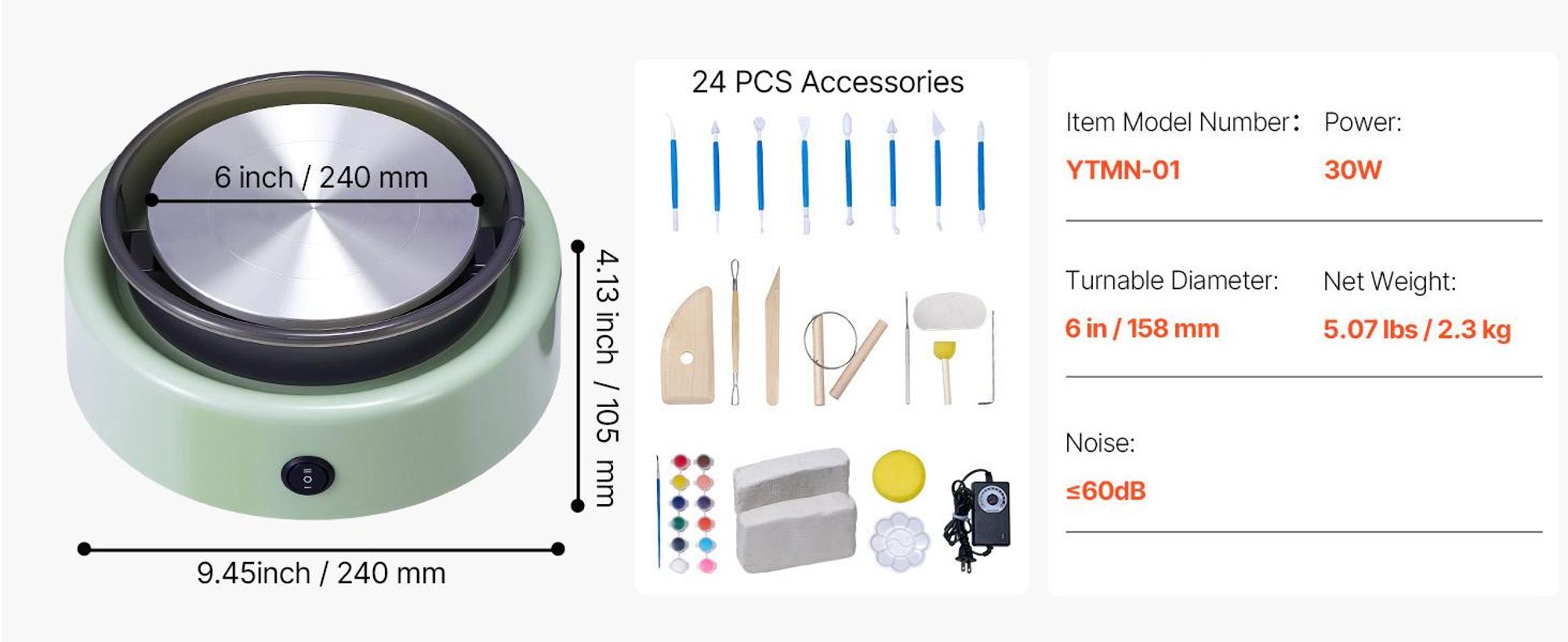 VEVOR Mini Töpferscheibe Maschine 158 mm Drehteller mit einstellbarer Rotationsgeschwindigkeit (0-140 U/min), elektrische Tonscheibe mit Tonformungswerkzeugen für Heimwerken Töpferkurse, Grün rund