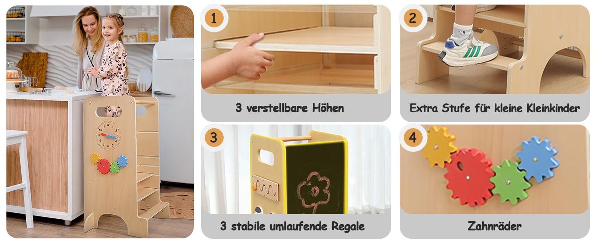 Olvy Lernturm ab 1 Jahr – 4-in-1 Montessori Learning Tower für Kinder, höhenverstellbar, mit Rutsche, Tafel & Spielen, Küchenhilfe Kind multifunktiona