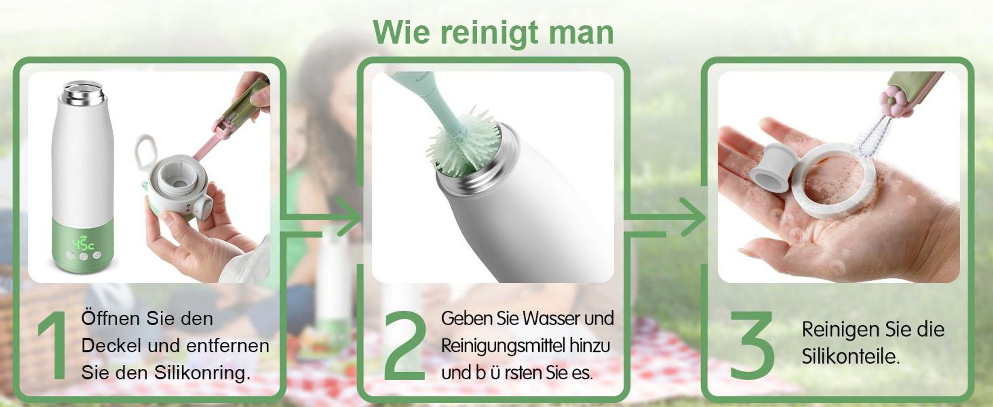 Tragbarer Flaschenwärmer Baby unterwegs für Muttermilch und Wasser, 350ml mit Reinigungsbürste für Reisen, Schnelles Aufheizen, Edelstahl 316, 9000mAh