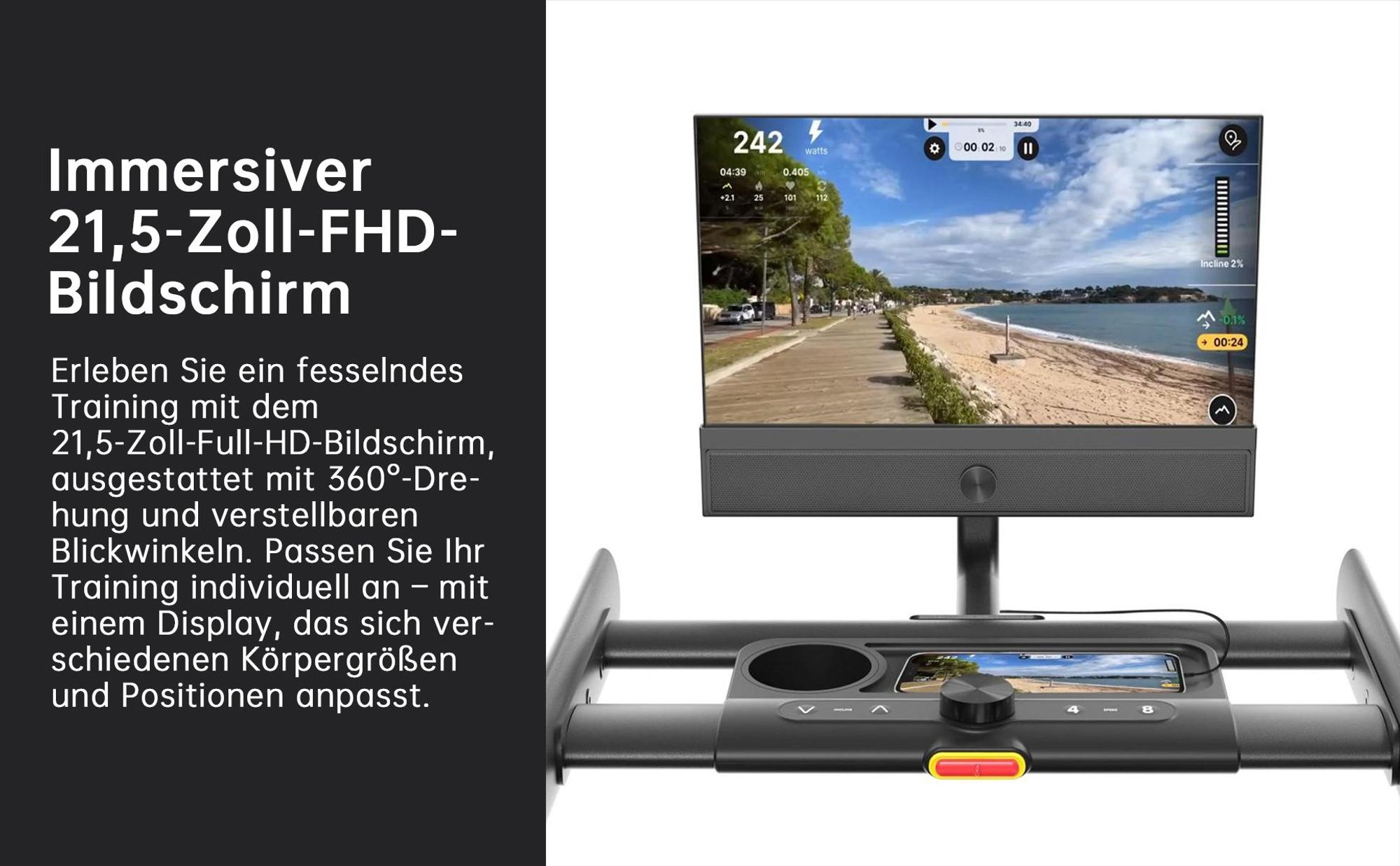 YESOUL T3 PLUS 21,5" FHD běžecký pás s 10% automatickým sklonem, bezkartáčovým motorem, otočnou 360° obrazovkou a zrcadlením, skládací