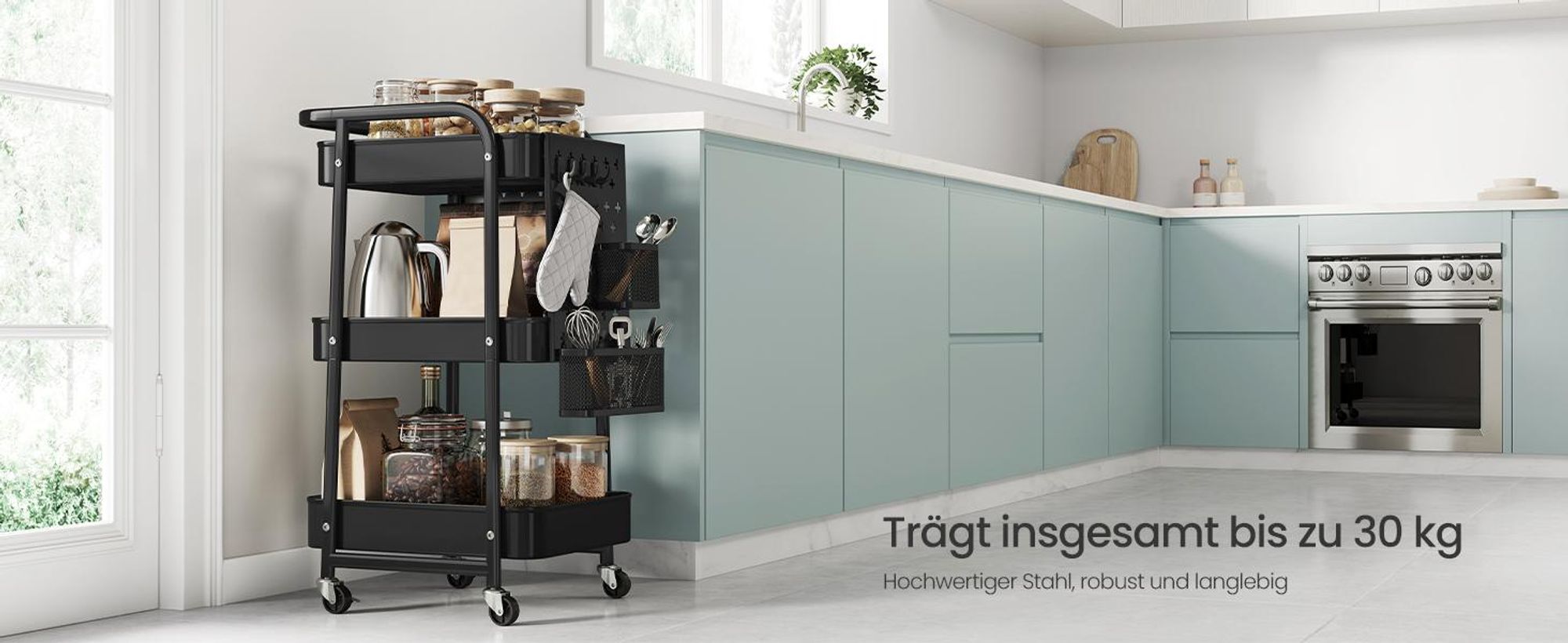 SONGMICS Rollwagen, Küchenwagen, 3 Metallgitterablagen, Servierwagen, 2 abnehmbare Lochplatten, 2 Hängekörbe, 4 Haken
