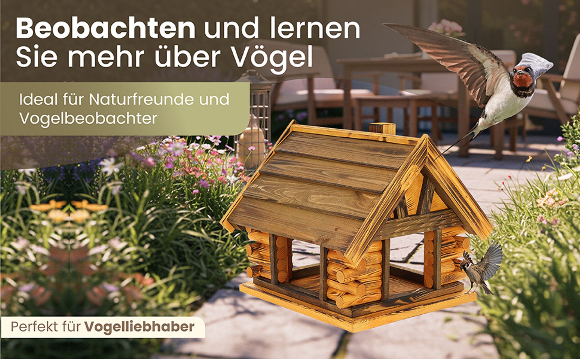 MAZUR Vogelfutterhaus aus massivem Holz 38 cm x 39,5 cm x 34,5 cm – Wetterfeste Futterstation, Futterspender für Wildvögel im Garten, großes Vogelhaus