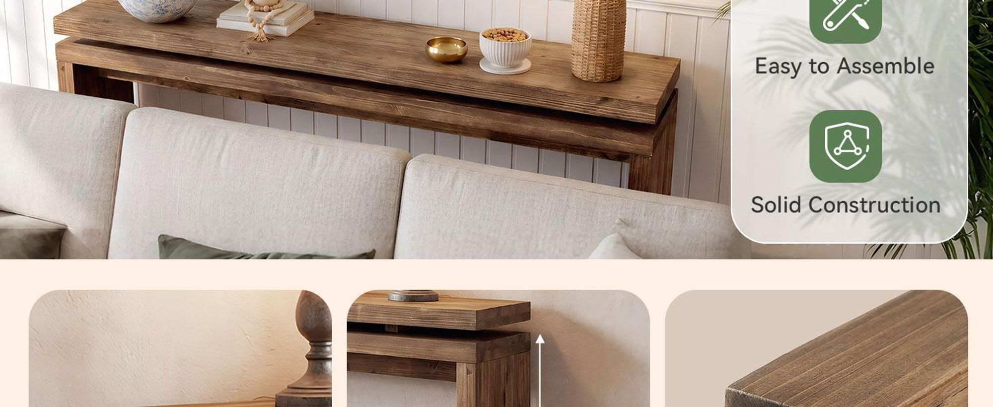 Tavolino consolle in legno massello, 160 cm, tavolino da divano in stile rustico da posizionare dietro il divano, ideale per l'ingresso, il corridoio e il soggiorno, colore marrone rustico