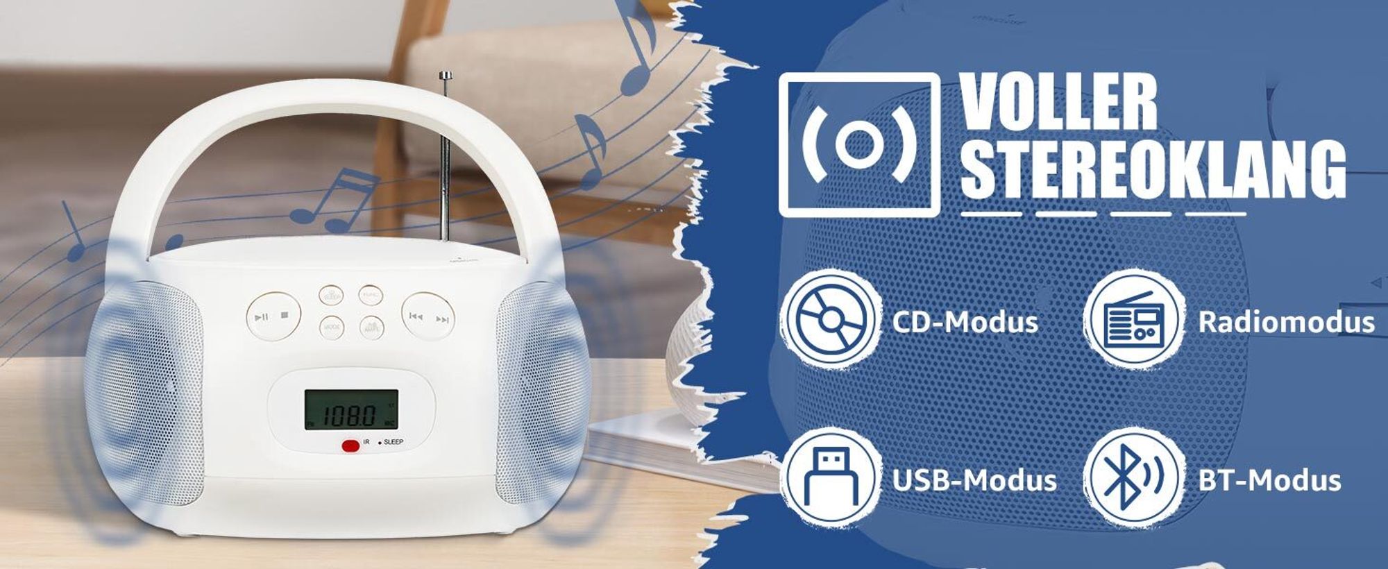 Retekess TR636 Tragbarer CD-Player, Boombox mit Bluetooth, FM Radio, USB,AUX-In,Sleep-Timer, Fernbedienung, Einfache Bedienung für Kinder und Ältere Menschen (Weiß)