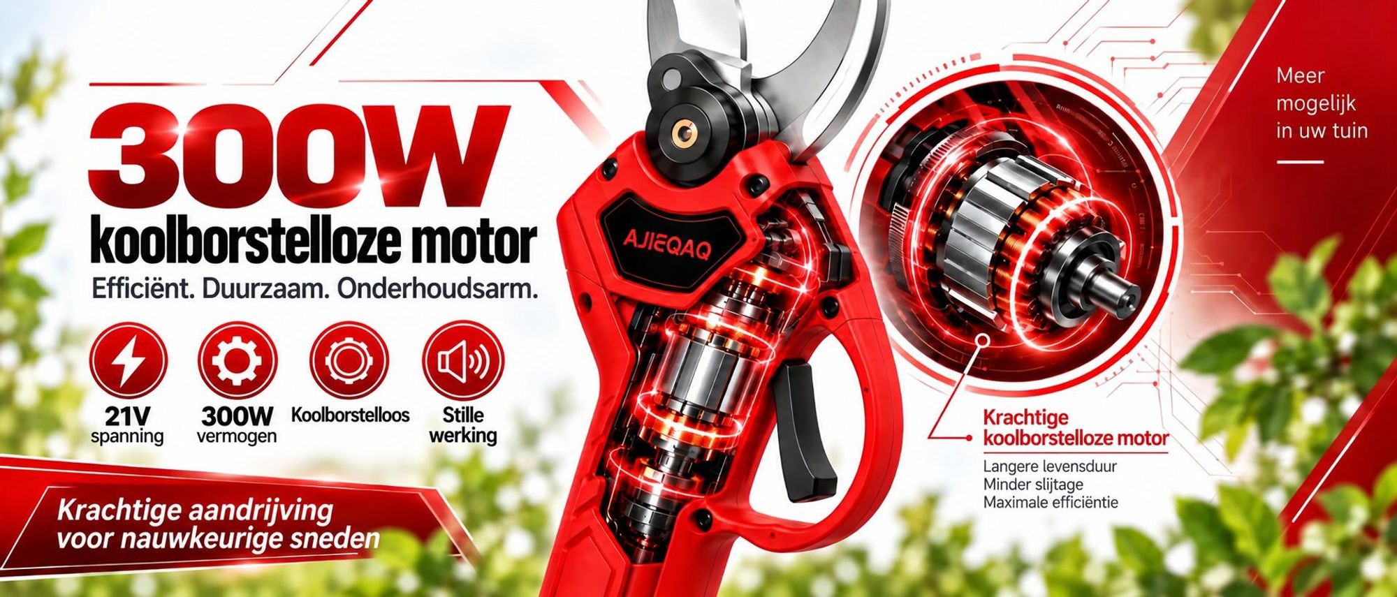 Accu snoeischaar 21V Brushless, 2×2,0Ah accu’s, 25 mm snoeicapaciteit, SK5-mes, elektrische takkenschaar met koffer
