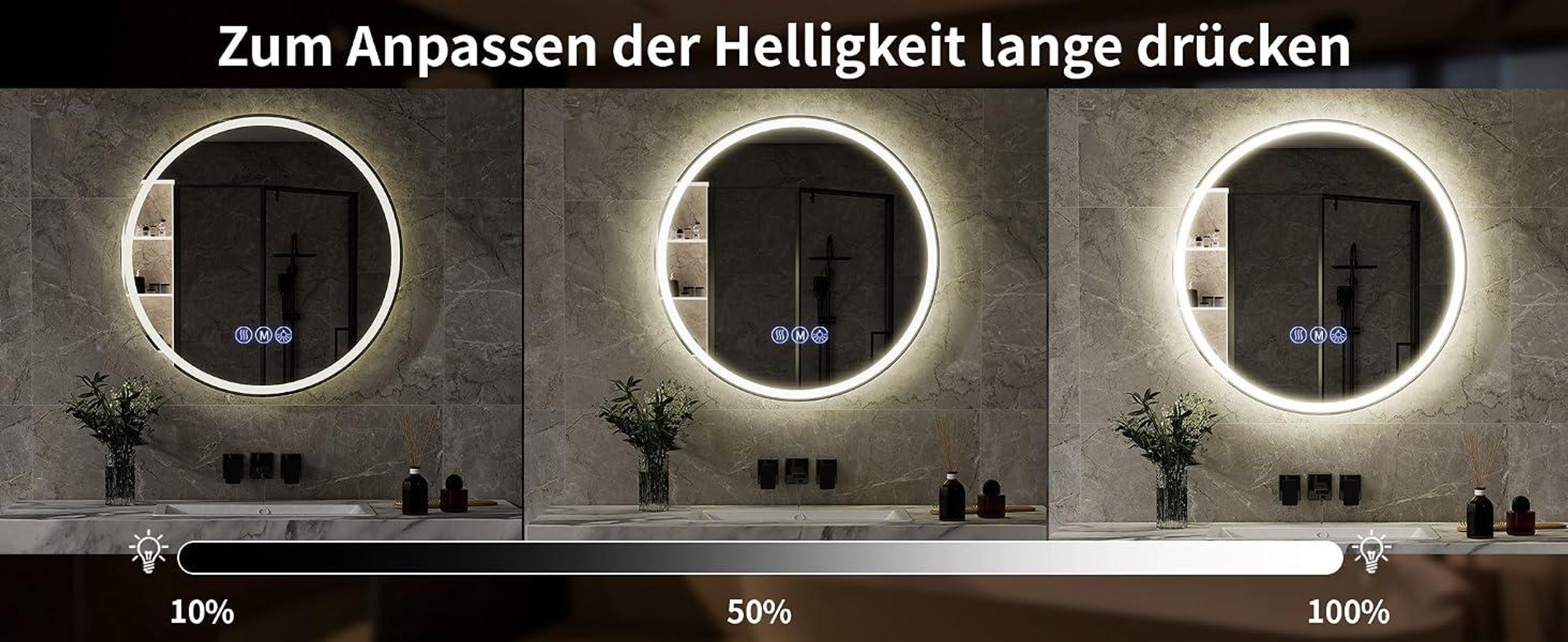 Koonmi runder LED Badspiegel 80 cm, dimmbar, Wandspiegel mit 3 Lichtfarben, Antibeschlagfunktion und bruchsicherem Glas für Badezimmer und Waschtisch