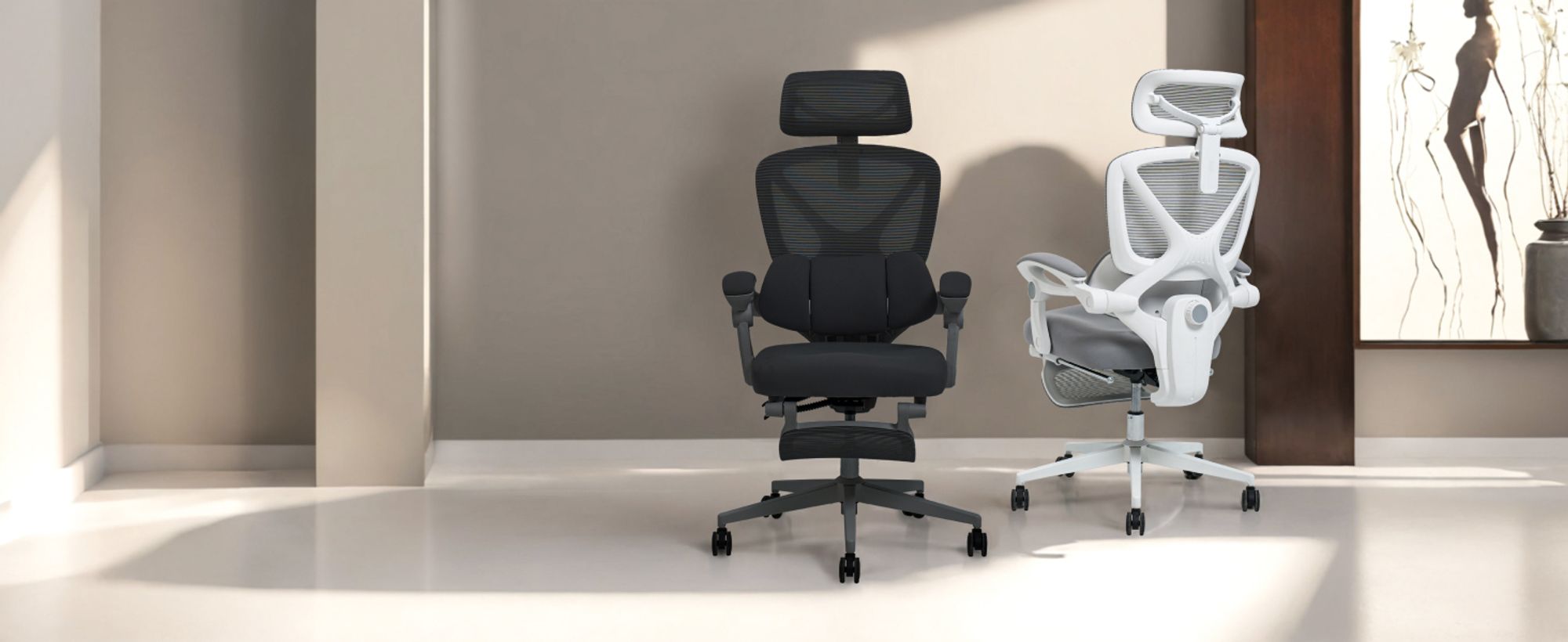 FLEXISPOT Ergonomischer Bürostuhl mit 3D-Kopfstütze, verstellbarer Lendenstütze, Wippfunktion 90–135°, Verbindungsarmlehnen, Fußstütze, 136 kg, Grau