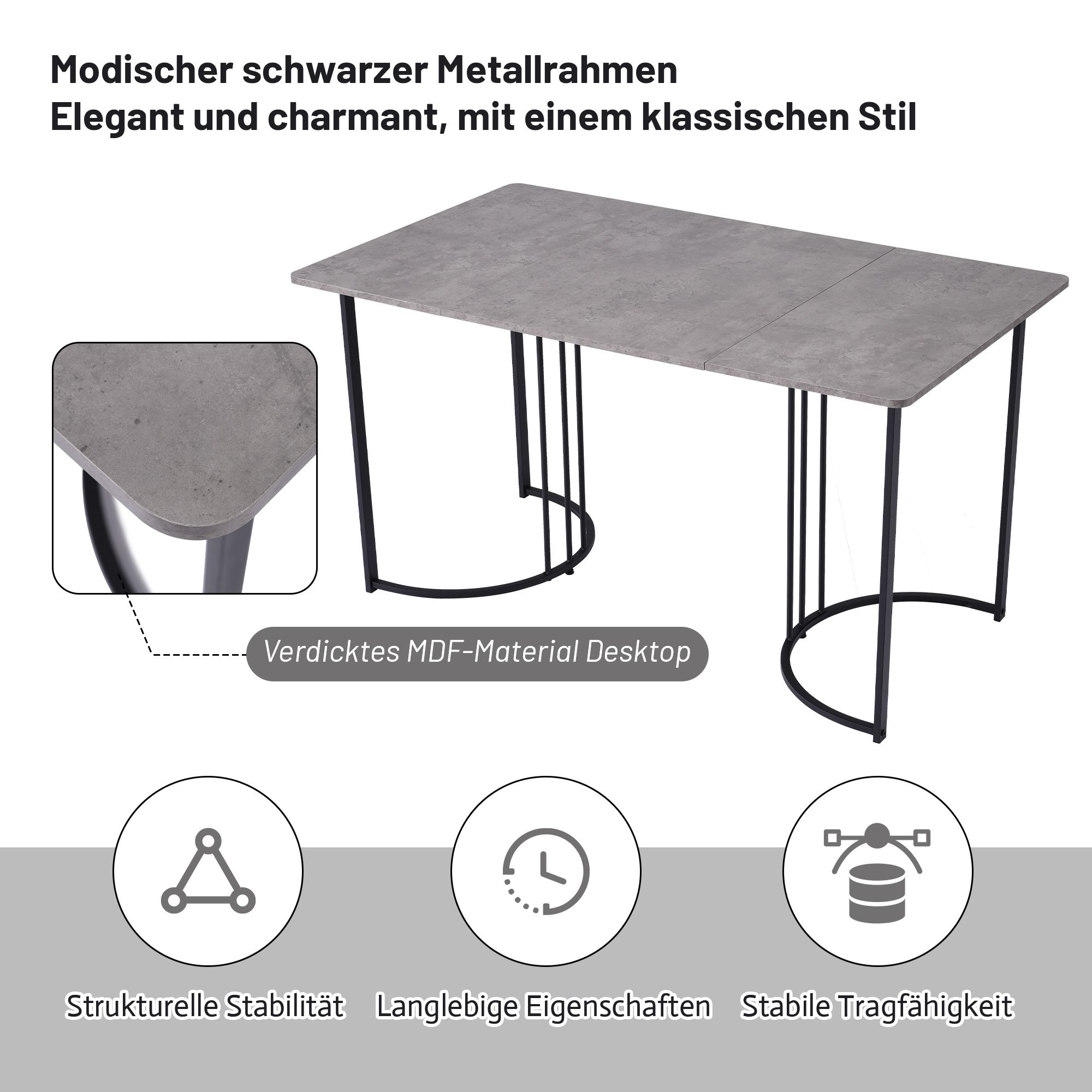 Flieks Essgruppe Esstisch mit 4 Esszimmerstuhl, Sitzgruppe Küchentischset 5tlg., Küchentisch mit 4 Esszimmerstuhl, Stuhl mit Samtbezug, Schwarz Grau