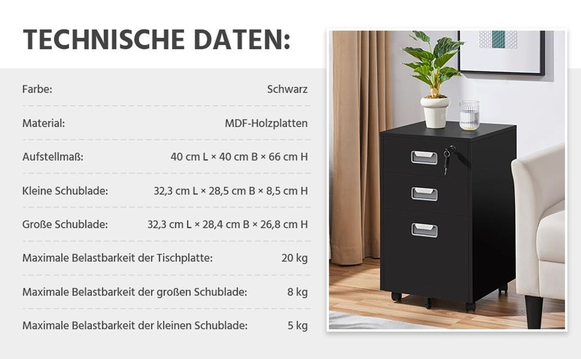 Yaheetech Mobiler Aktenschrank Rollcontainer mit 3 Schubladen und Hängeregistratur Büroschrank, Schwarz