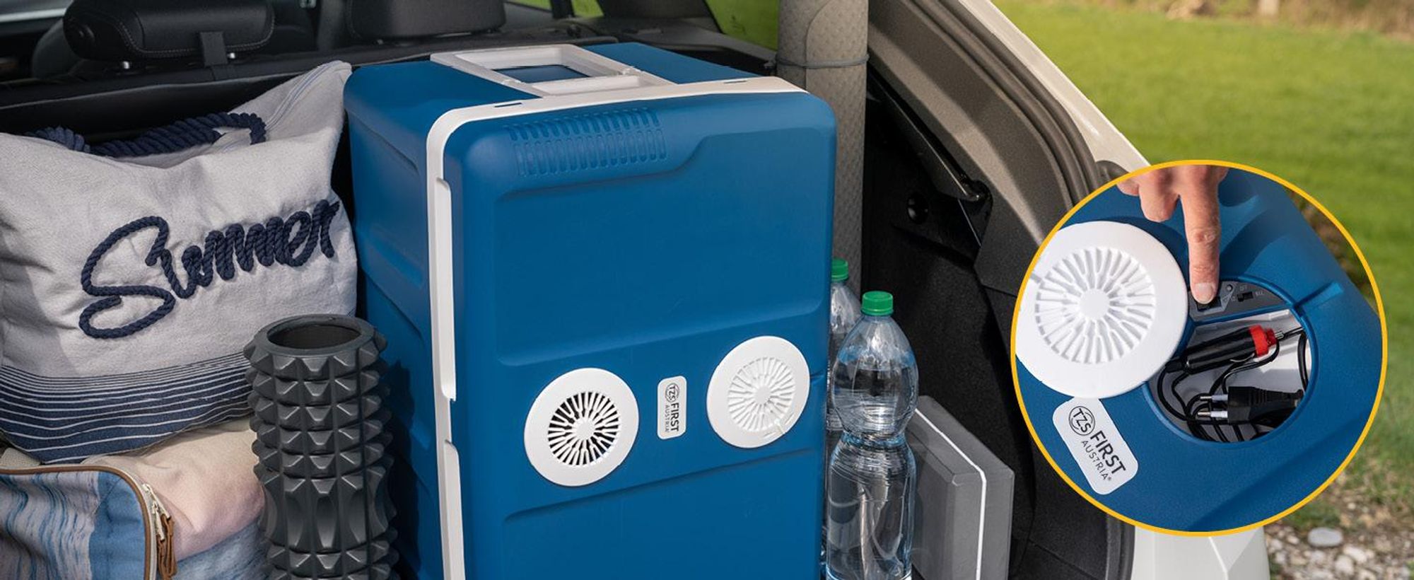TZS First Austria - Kühlbox 45L elektrisch 12V 230V Anschluss für Auto & Steckdose - Thermoelektrisch - Blau