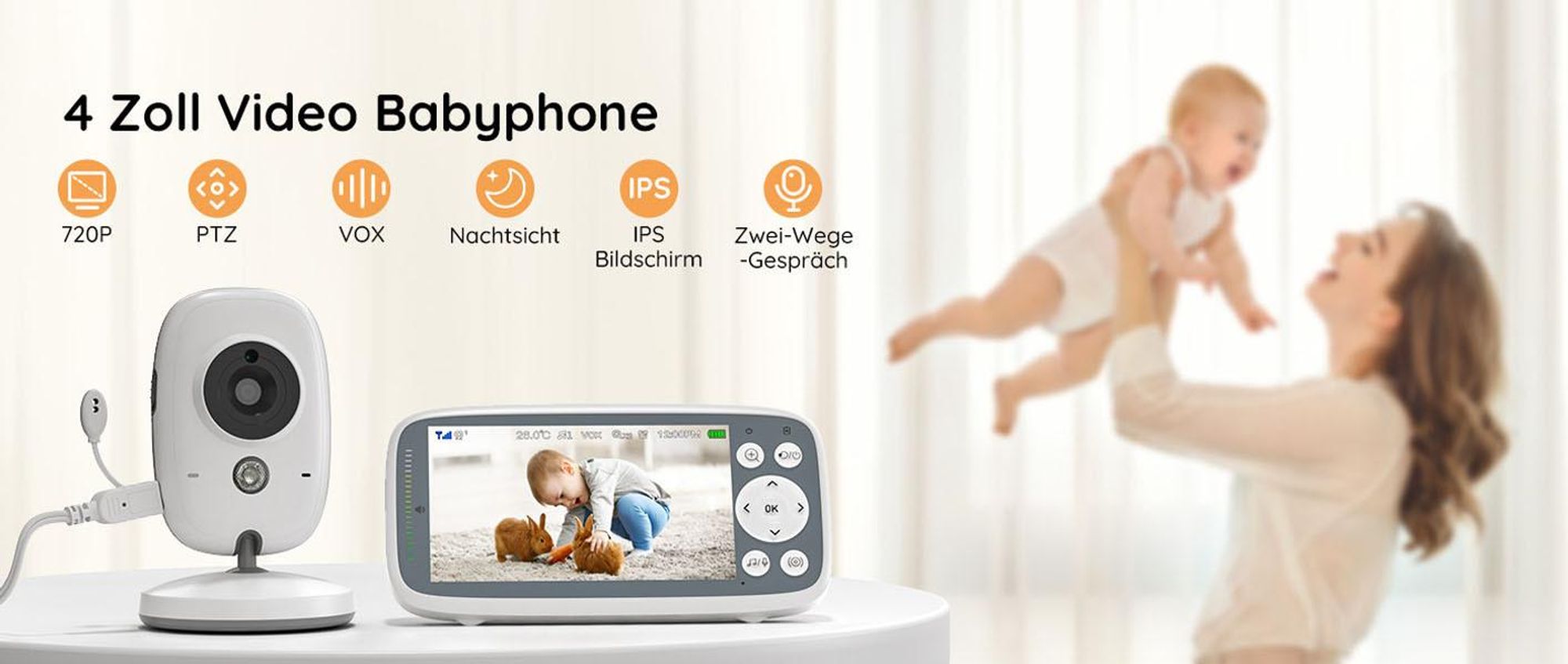 Babyphone mit Kamera VOX Nachtsicht Babyfon Temperaturüberwachung Gegensprechfunktion Video Überwachung mit 4 Zoll Digital IPS Bildschirm Wireless