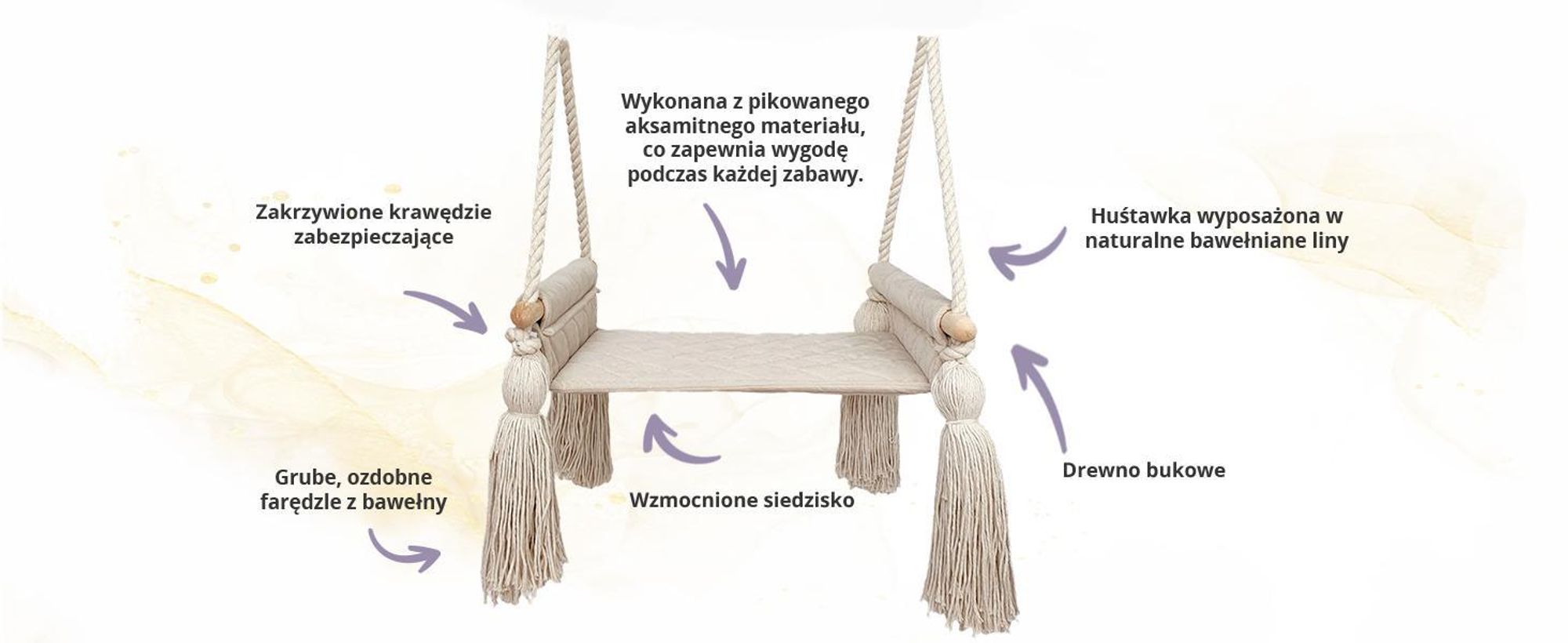 Create for you® - Drewniana Huśtawka dla Dzieci z Liną Bawełnianą Bezpieczna - Bujak Dziecięcy, Siedzisko Indoor Miękki Materiał, z Regulacją Wysokości - Beż