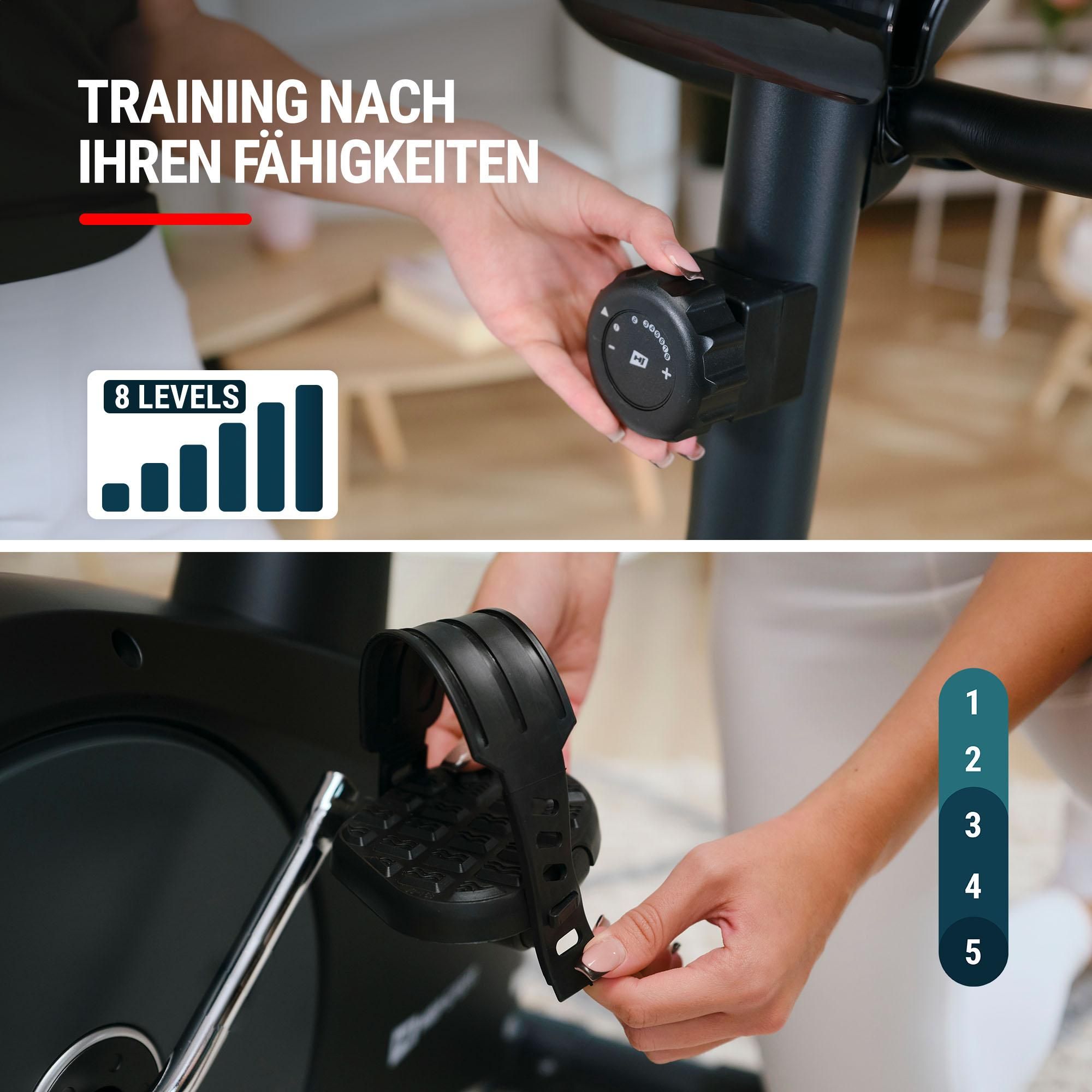 Hop-Sport Heimtrainer Fahrrad Spark Silber für Zuhause magnetischer Hometrainer mit verstellbarem Sitz & Lenker, Pulssensoren, LCD-Display - bis 120kg