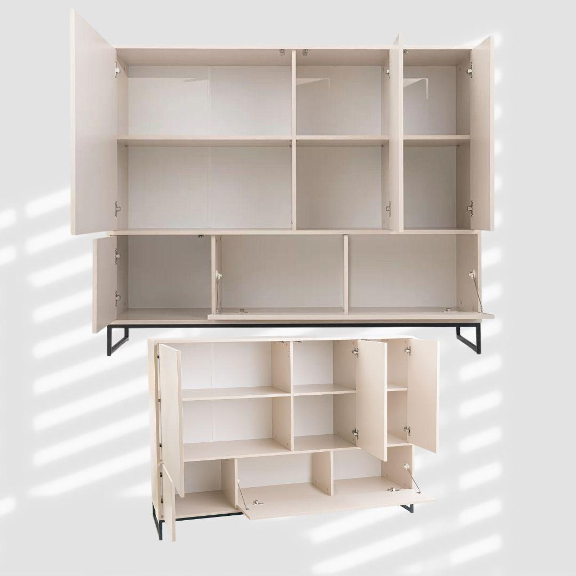 BETTSO Geräumige Kommode GENUA beige – 9 Fächer, PUSH TO OPEN, schwarzer Rahmen, 160x120x45 cm