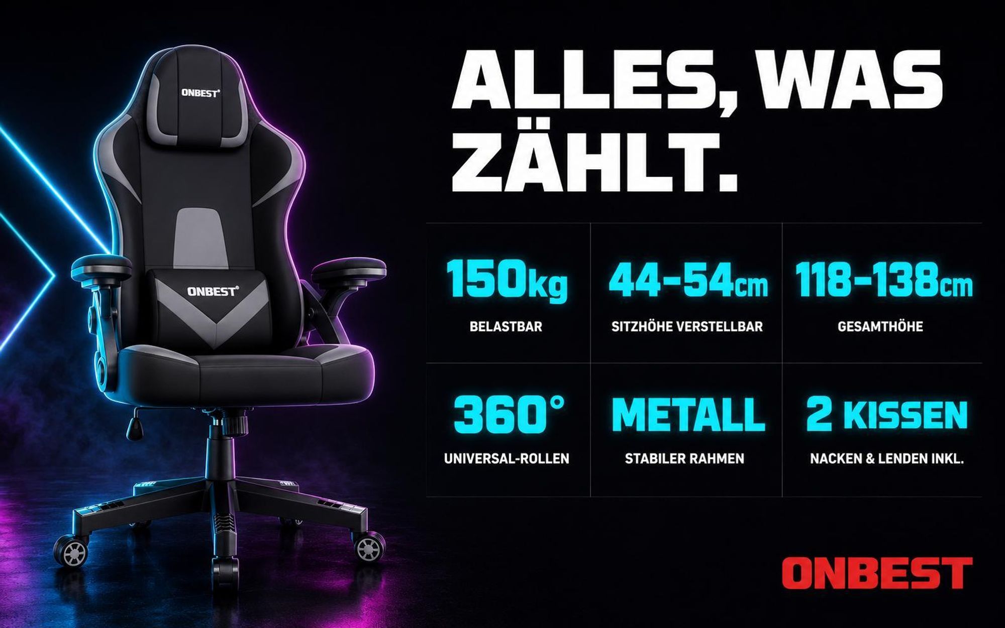 ONBEST Gaming Stuhl | Ergonomisch | mit Lordosenkissen | 150 kg | 360° | verstellbare Armlehnen Kopfstütze Rückenlehne